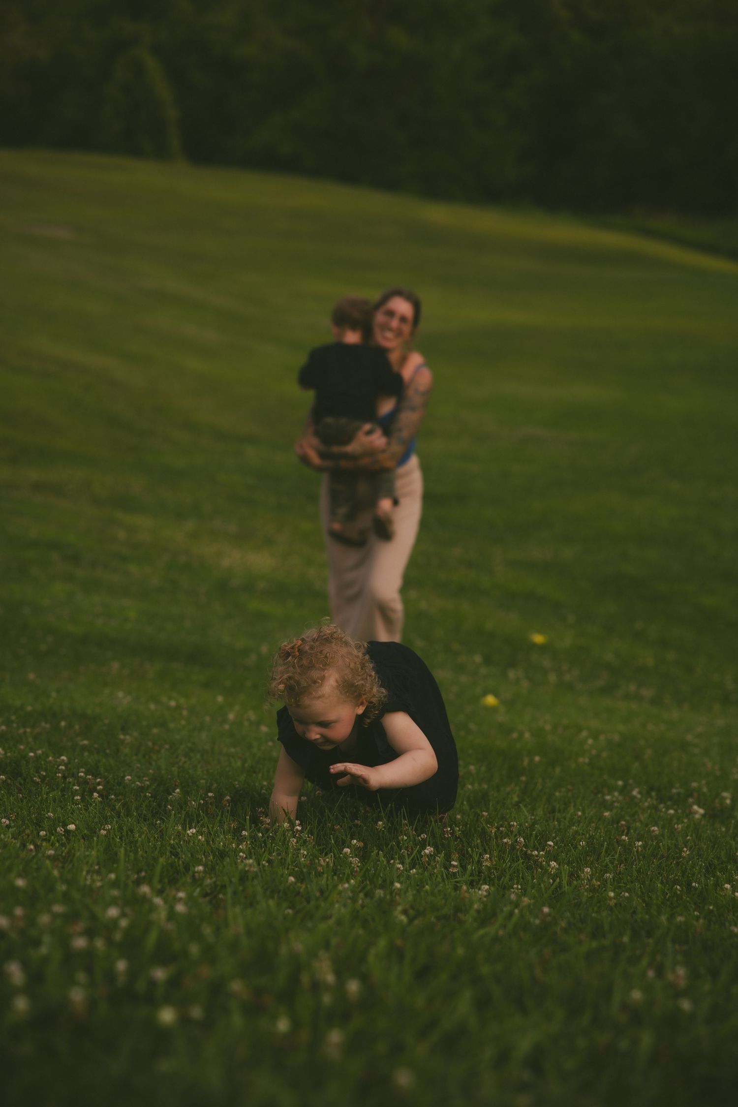A playful dog and its owner tumble down a grassy hill covered in dandelions during a sunny afternoon.