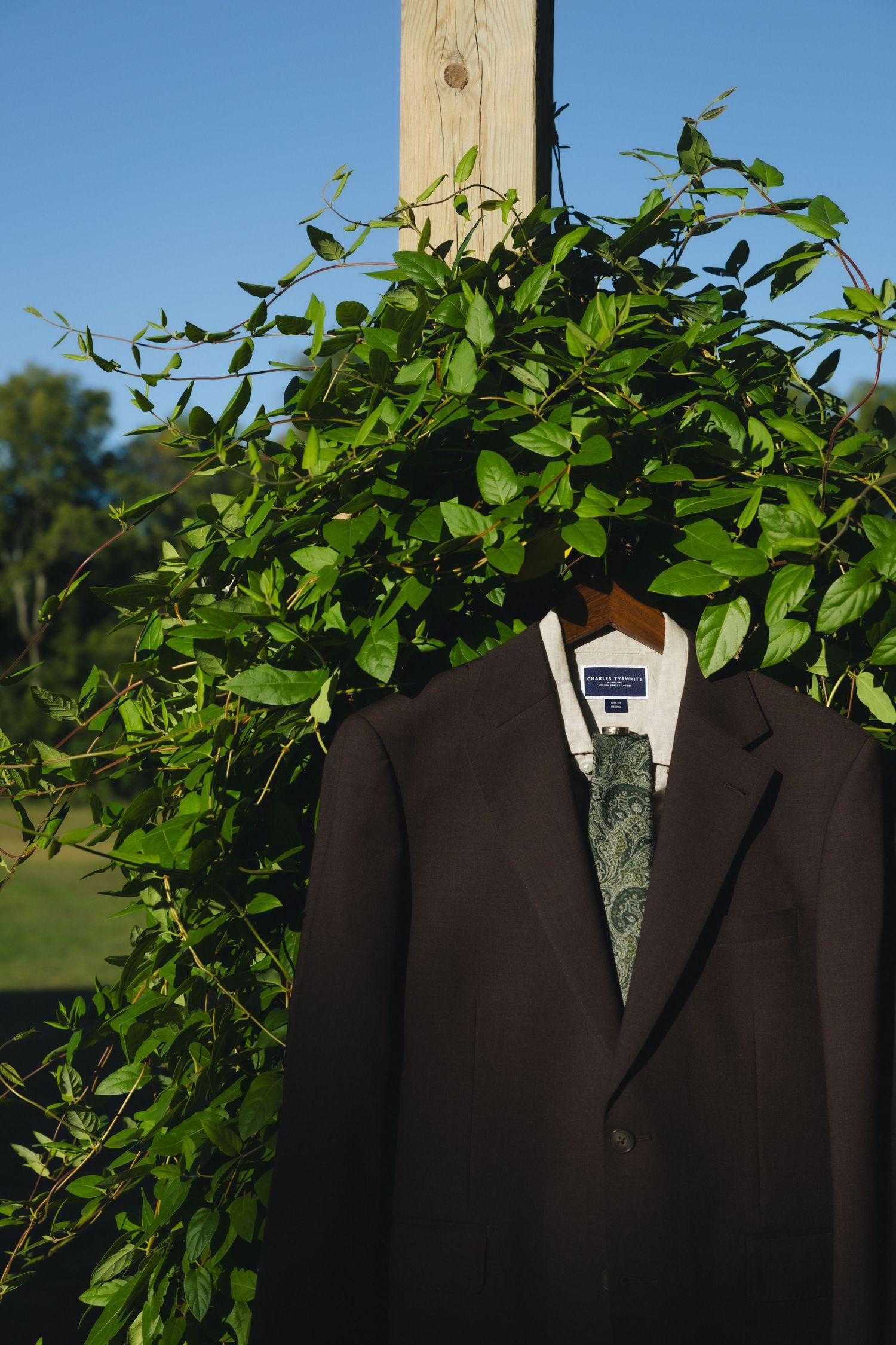 Close-up of a formal black suit jacket displayed outdoors with green ivy or vines growing around it.