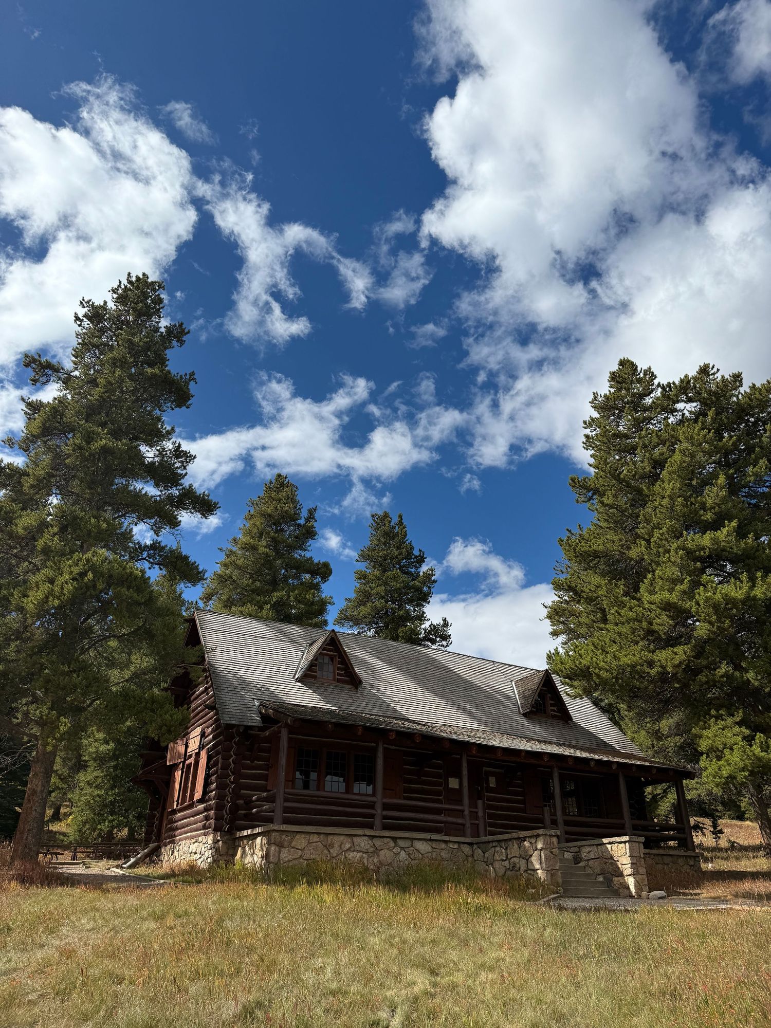 A rustic log cabin with dormers sits among tall pine trees under a bright blue sky with white puffy clouds.