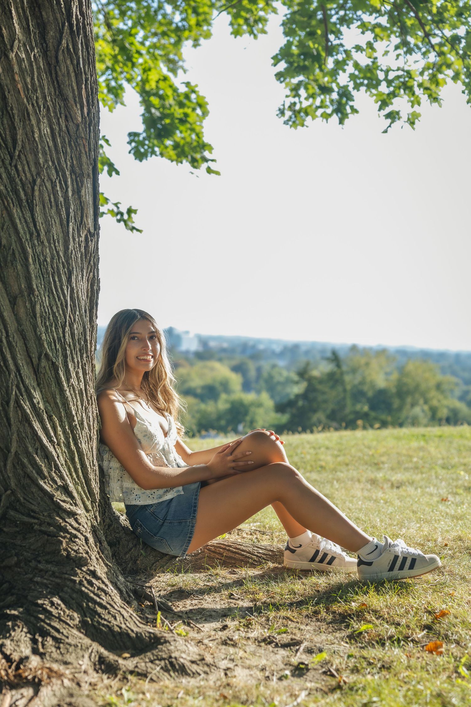 A person relaxes against a large tree trunk in a sunny meadow on a warm summer afternoon.