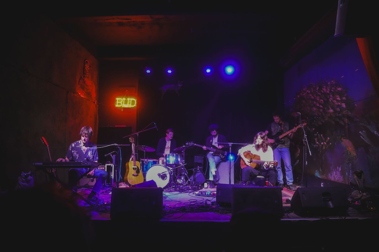 Musicians perform on stage illuminated by red and blue lighting during a live concert performance.