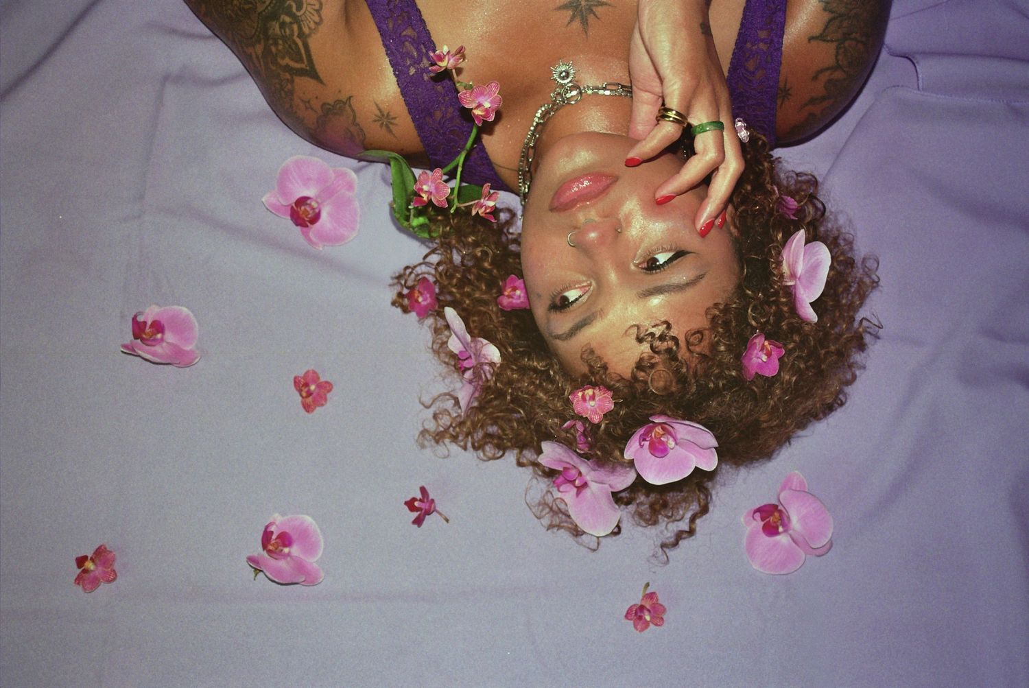 Tattooed woman lying on lavender surface surrounded by scattered pink roses and flower petals, wearing purple lingerie.