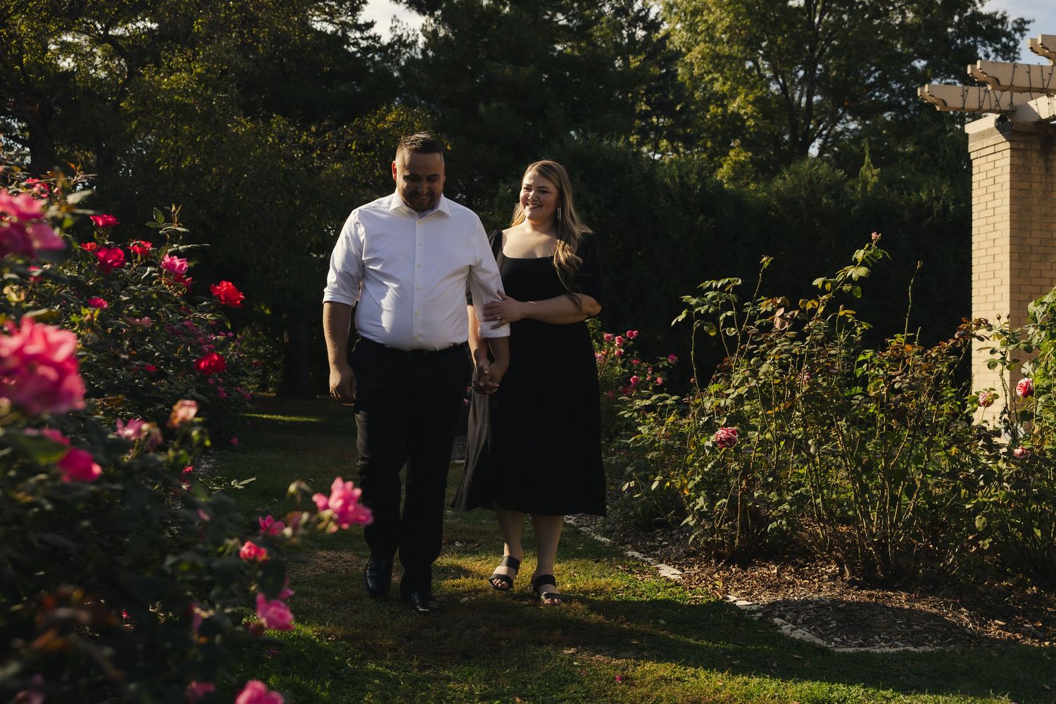 A couple stands together in a beautiful garden with blooming pink roses during golden hour sunlight.