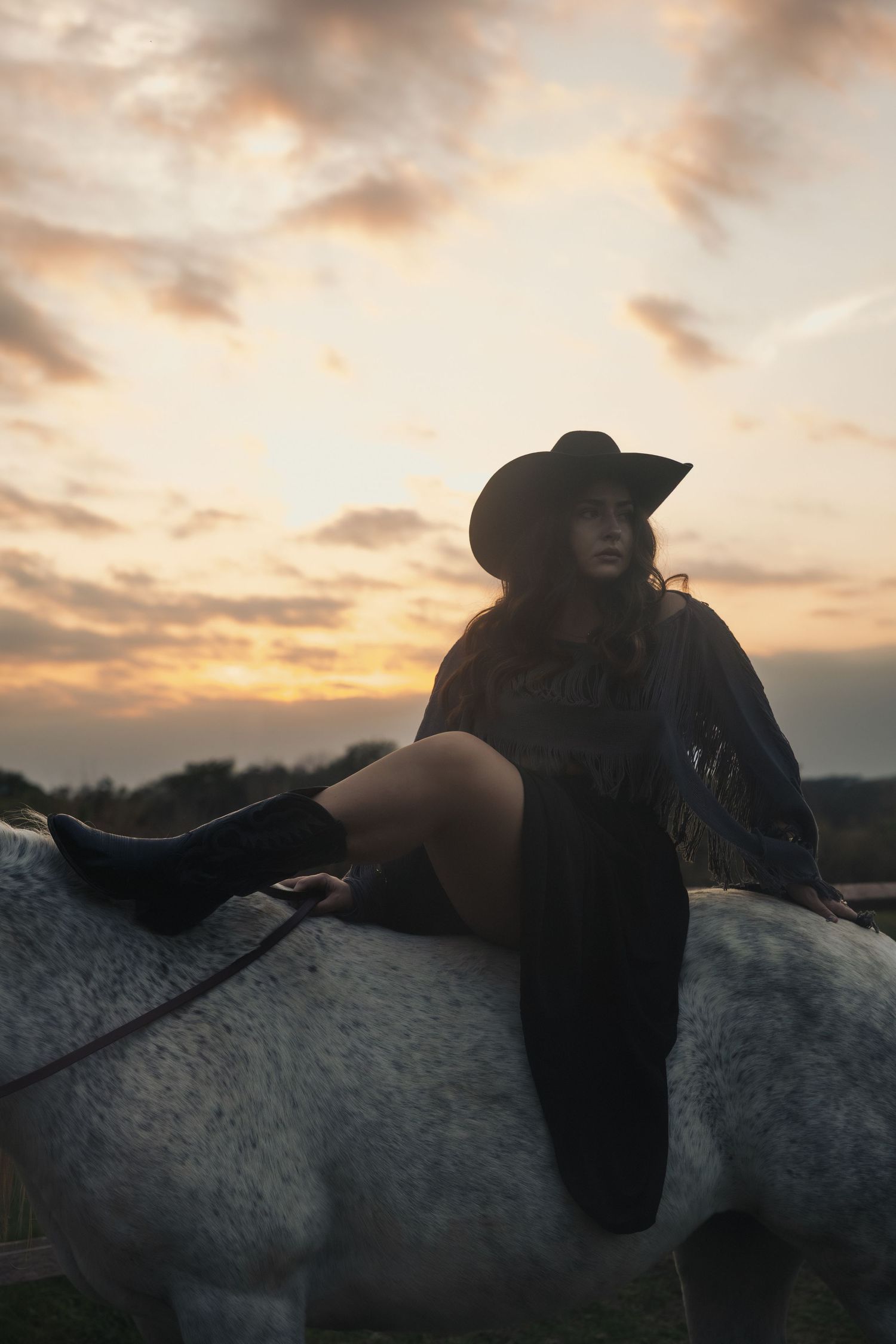 A silhouetted figure in dark clothing rests on a white horse against a dramatic sunset sky.