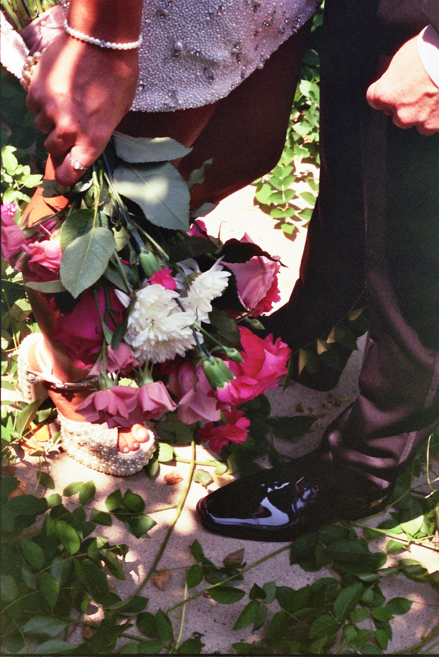A person's hand gently places pink and white carnation flowers into freshly turned soil in a garden.
