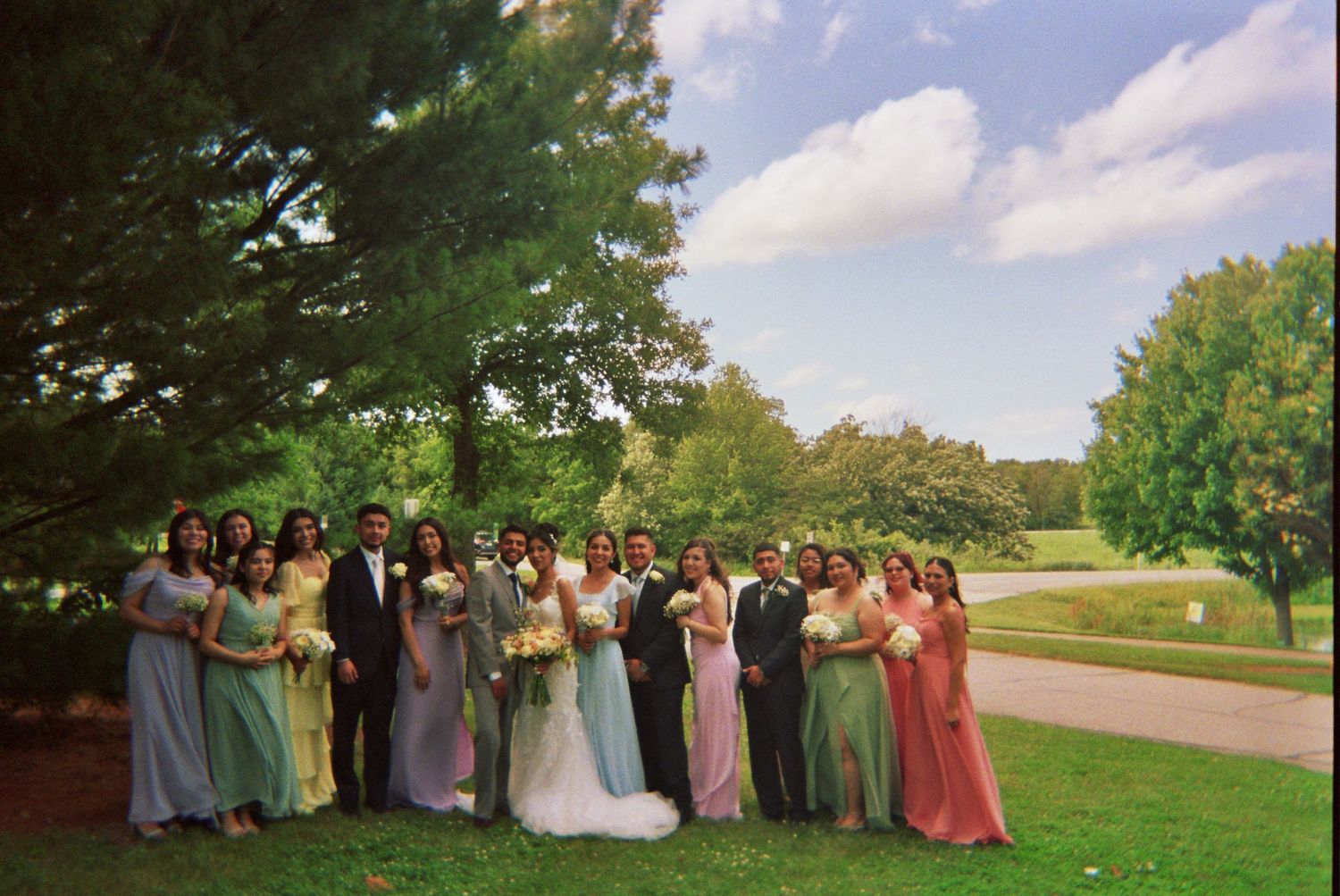 A large wedding party poses outdoors on a grassy lawn with trees and a winding path in the background.