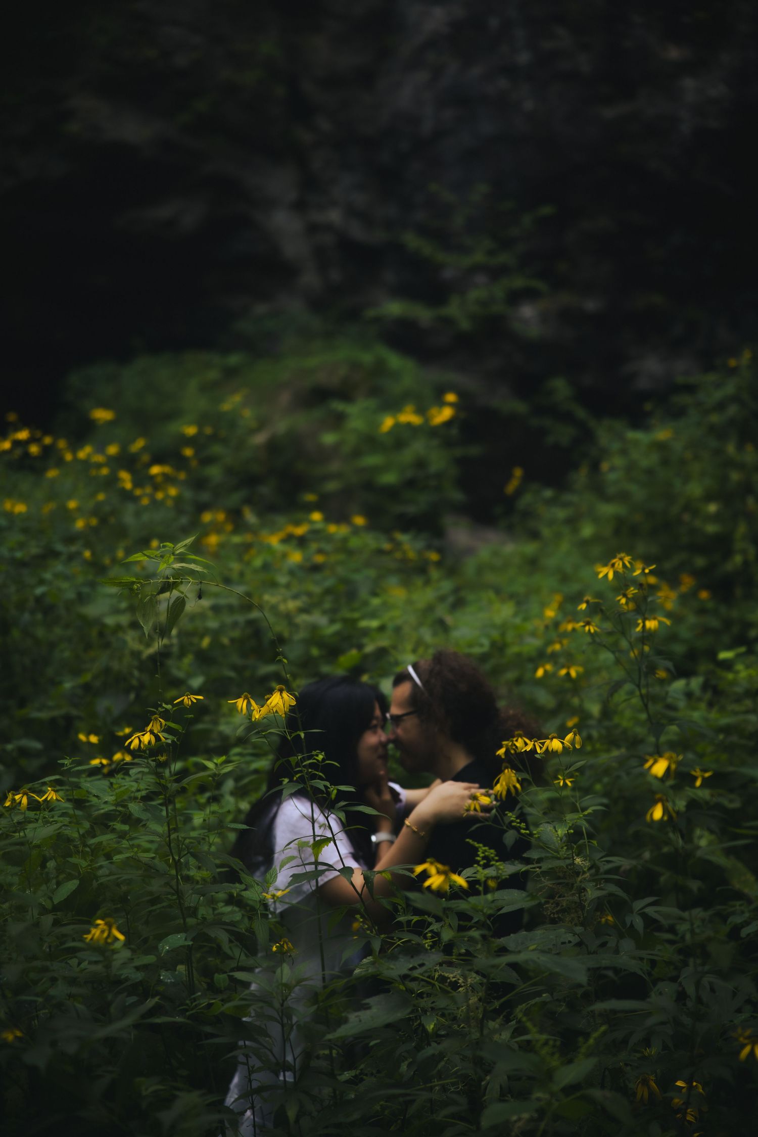 A couple lying in a meadow filled with blooming yellow wildflowers surrounded by lush greenery.