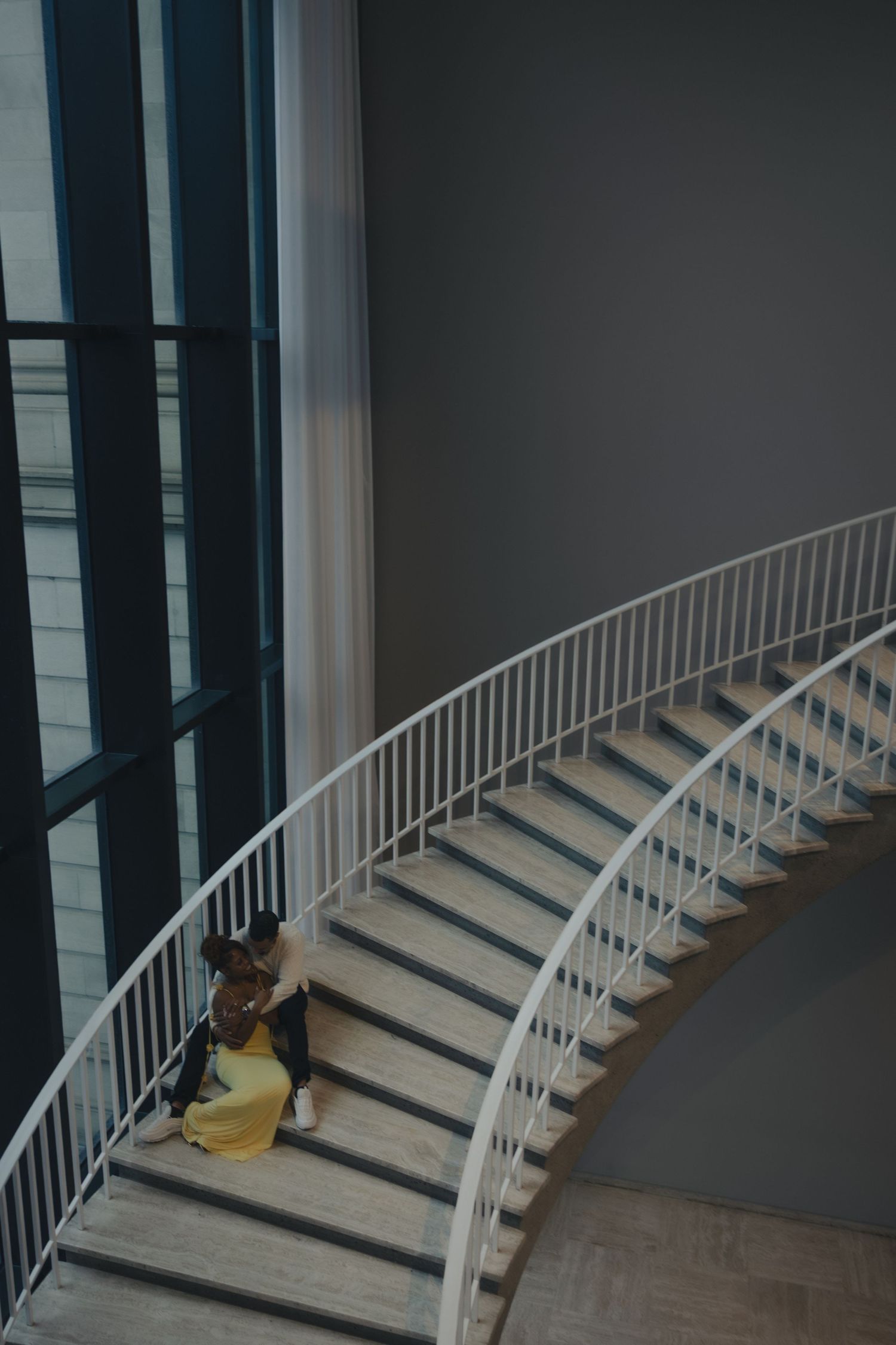 A sequence of four photos showing a cat descending curved white stairs in a modern interior space.