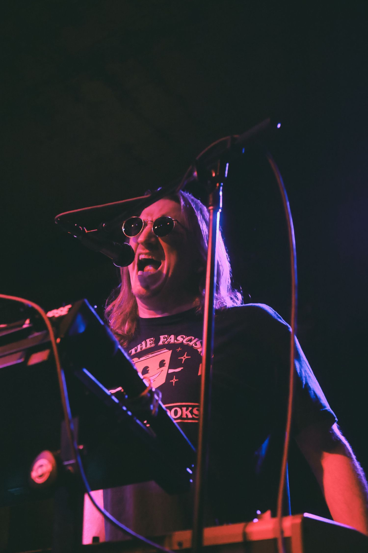 Concert performer on stage illuminated by purple and red lighting during a nighttime performance.