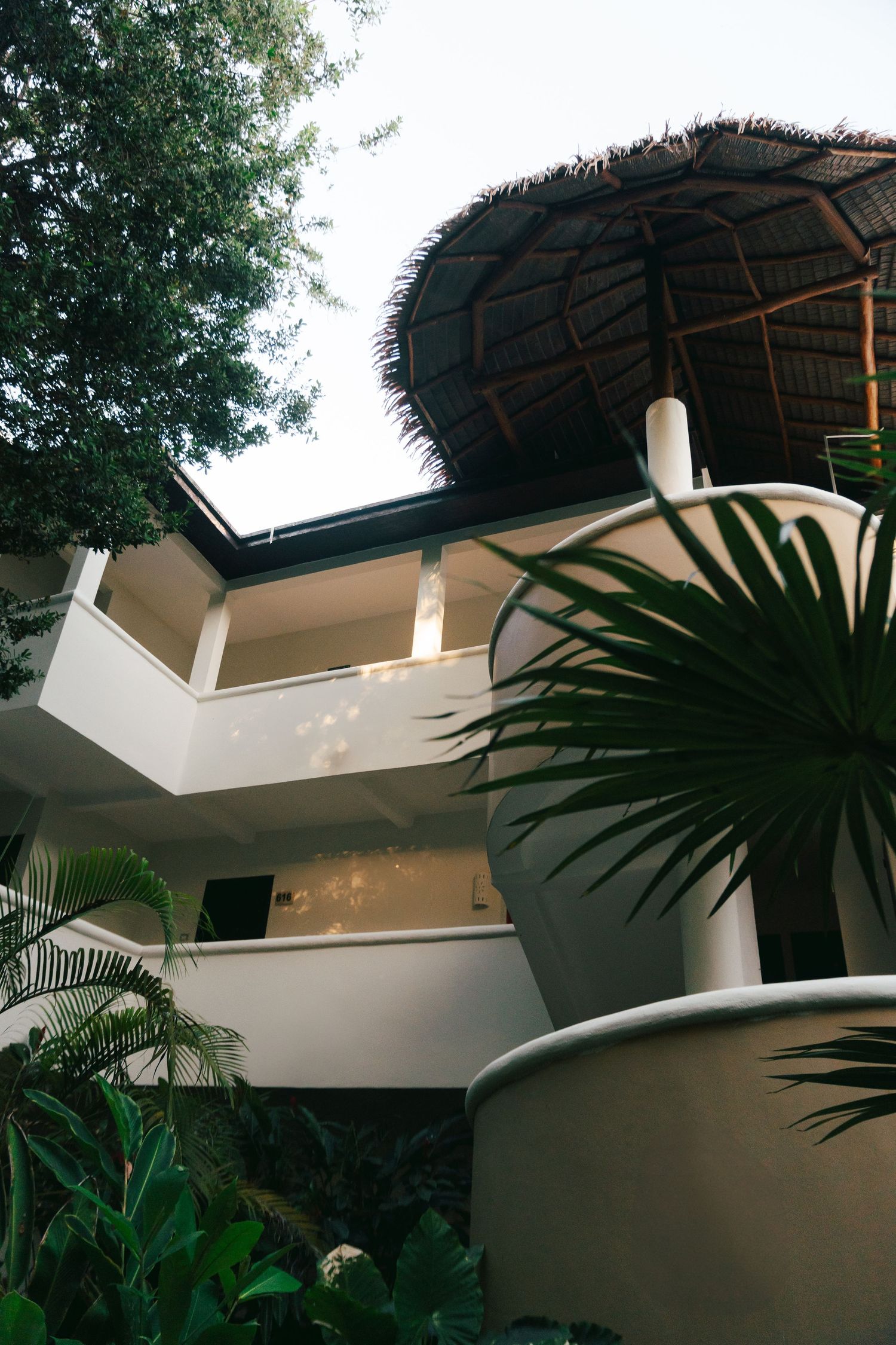 White multi-level tropical resort building with thatched palapa roof, curved balconies, and lush palm garden surroundings.