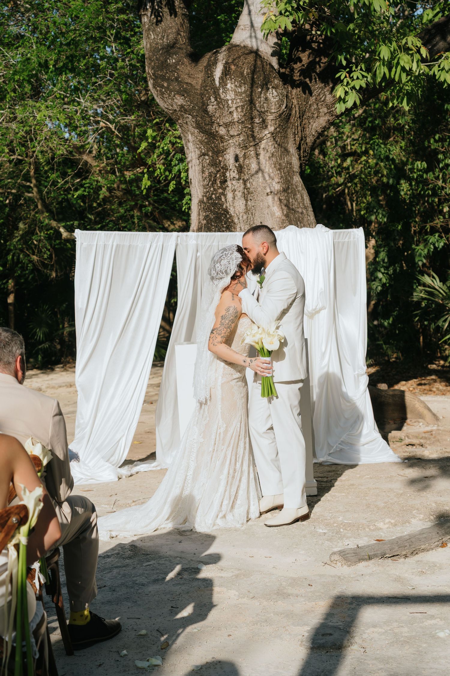 Couple shares first kiss at outdoor wedding ceremony beneath white draped arch and large tropical tree.
