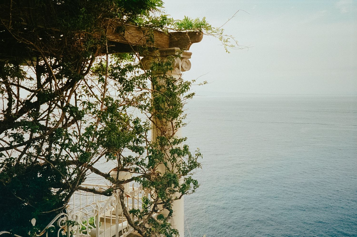 Scenic ocean view framed by tree branches against blue sky in Italy