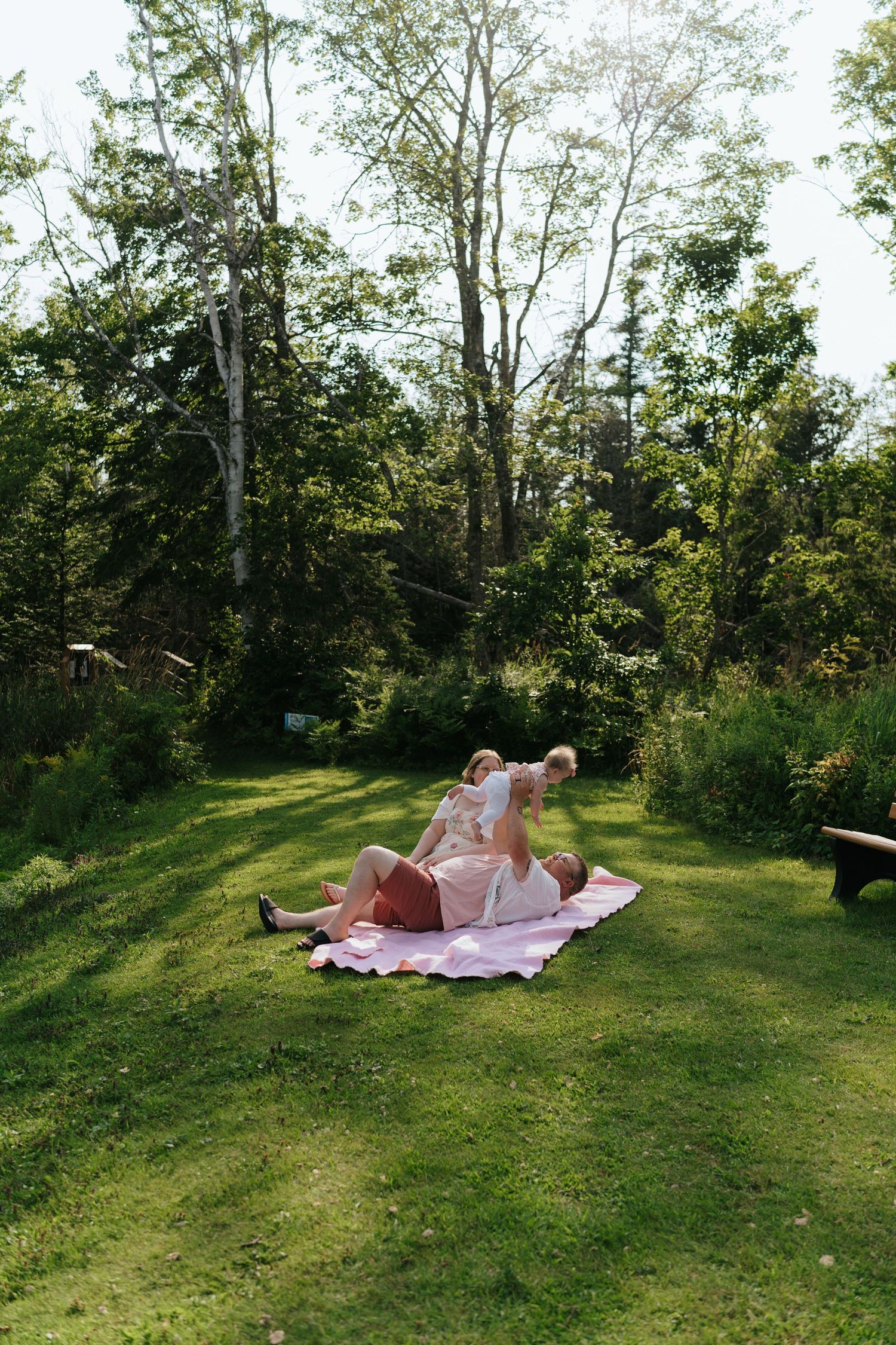 A relaxing summer picnic on a blanket in a sunlit garden clearing.