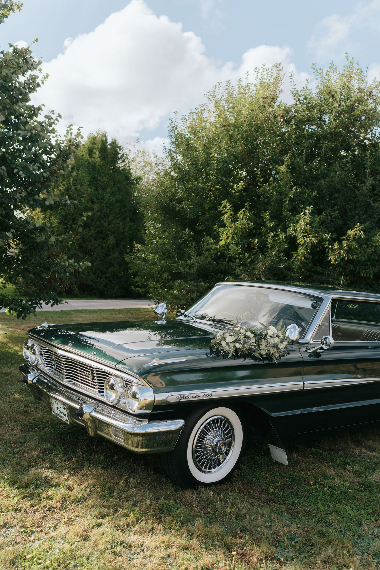 Classic vintage black Ford Galaxy car parked under green trees.