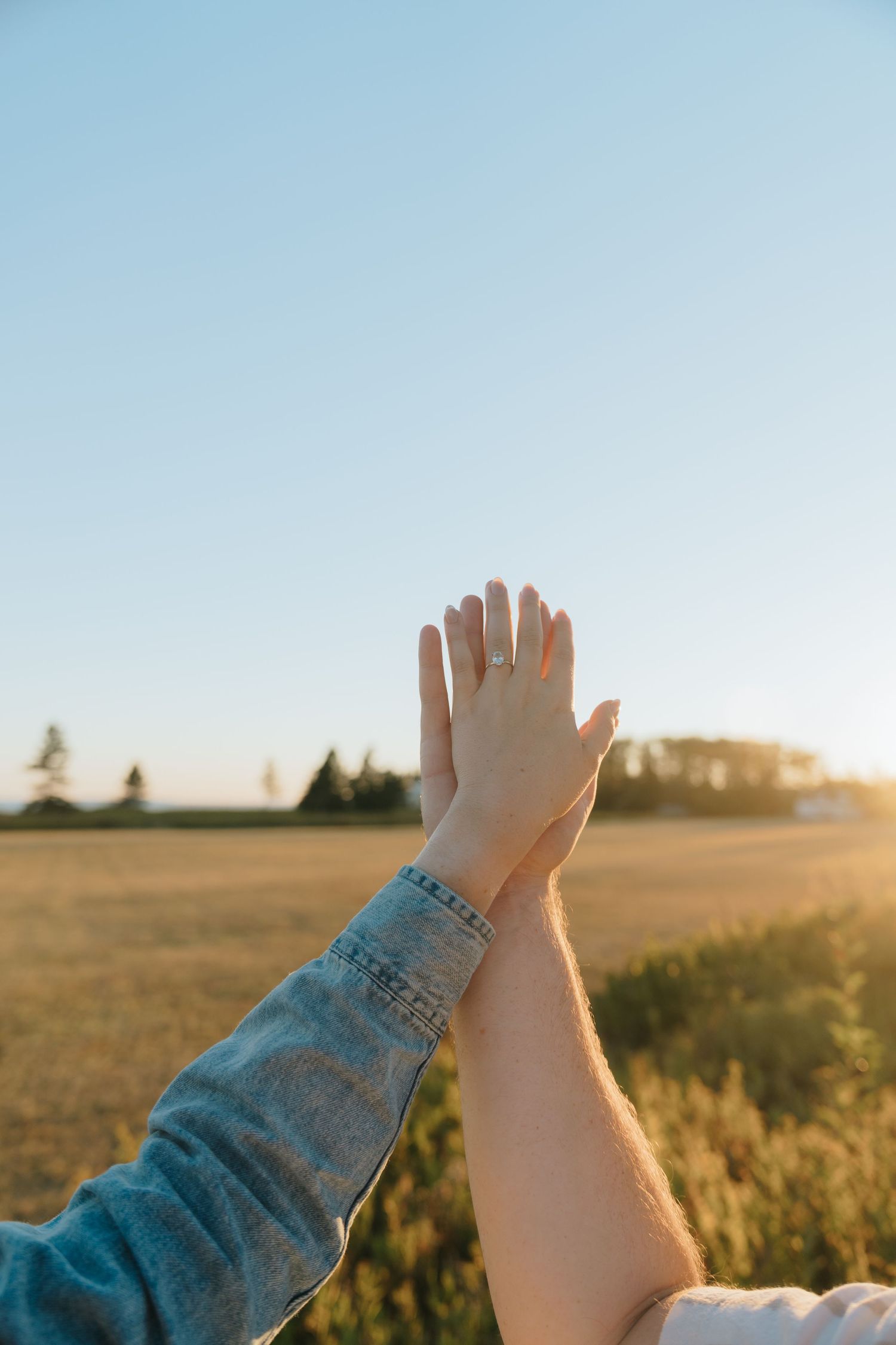 Two hands raised against a bright blue sky during sunset in a field.