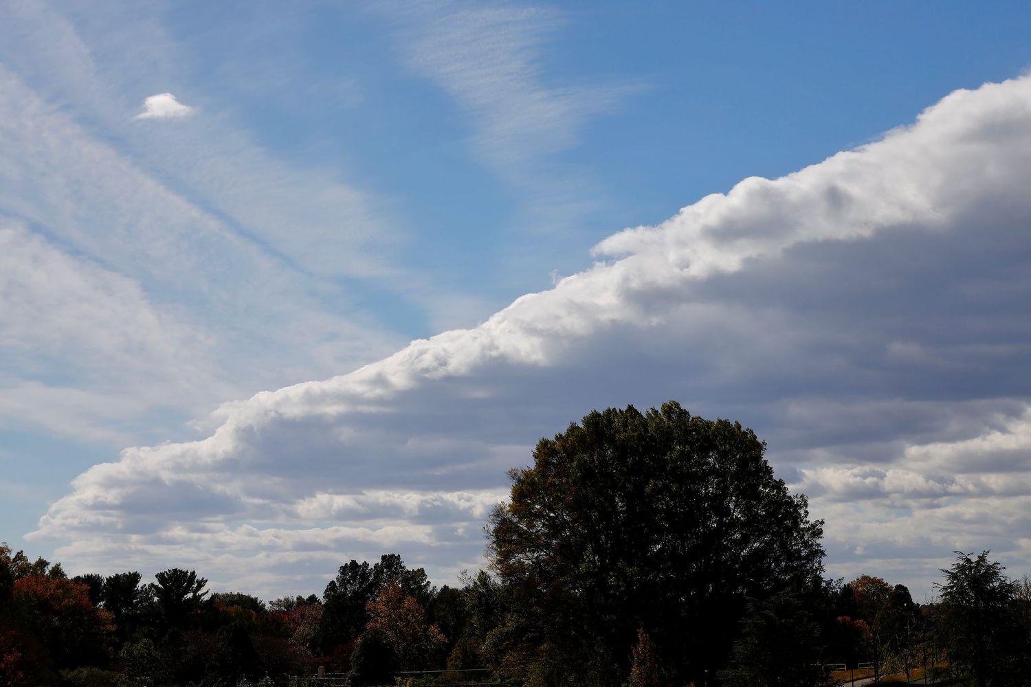 Dramatic cloud formations against blue sky with dark tree silhouettes in foreground.