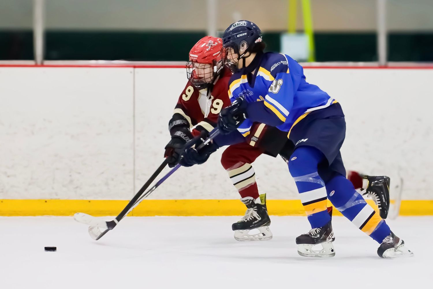 Two hockey players from opposing teams battle for control of the puck during an ice hockey match.