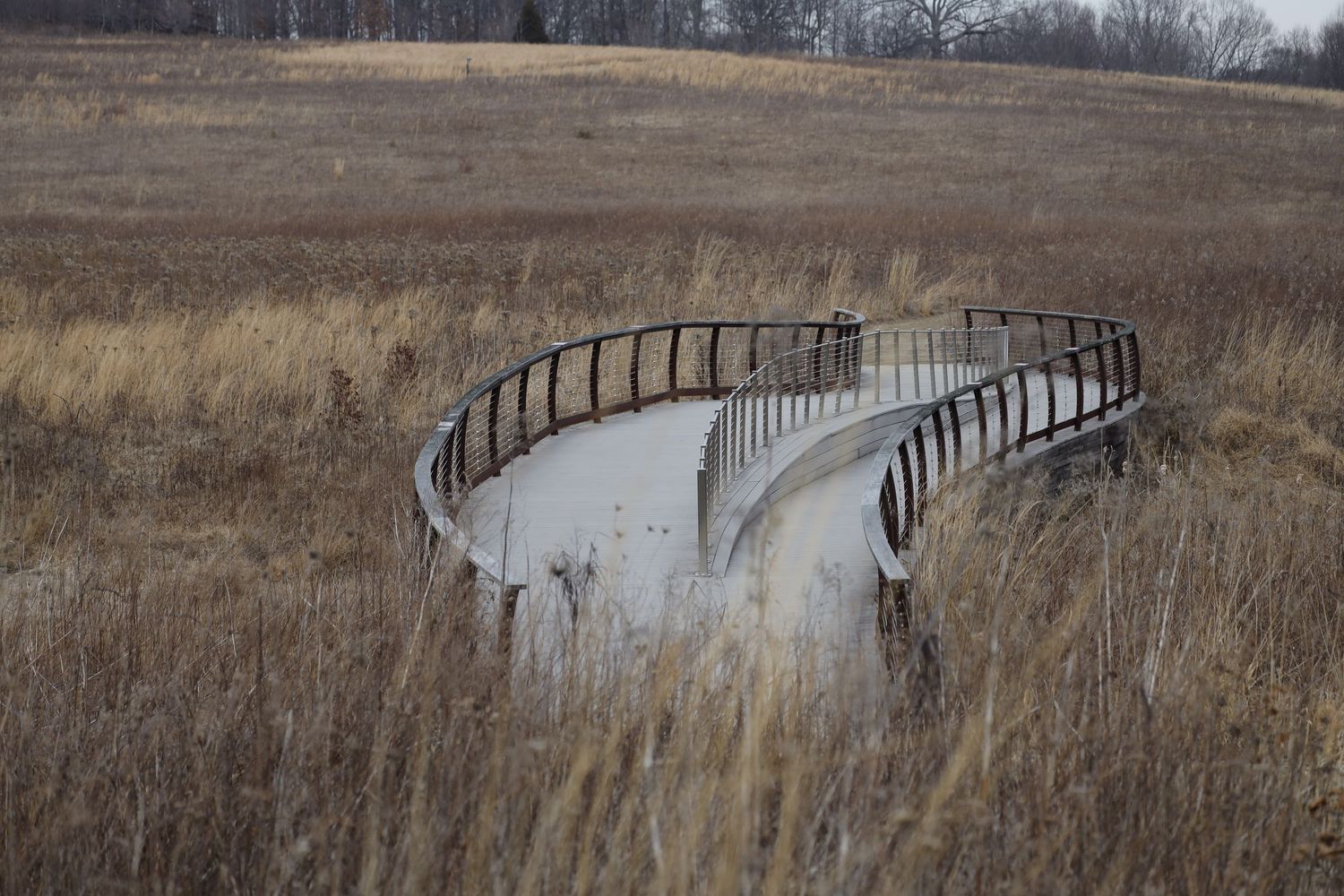 Abandoned concrete bridge structure surrounded by winter prairie grass.