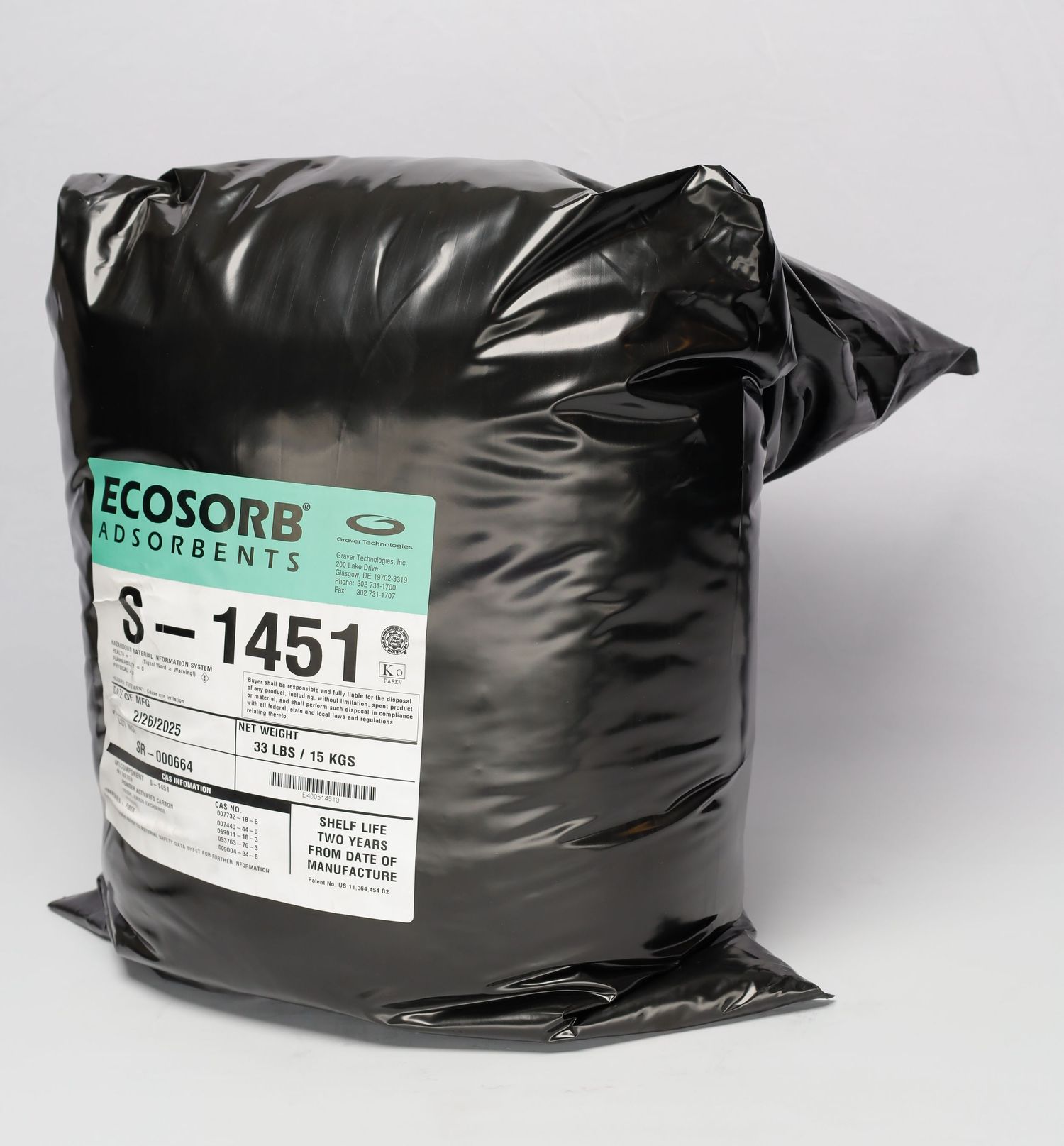 A black plastic bag containing Ecosorb absorbent material labeled with product code S-1451.