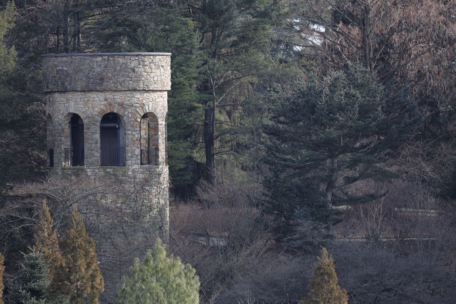 Ancient stone tower with arched windows surrounded by winter forest.
