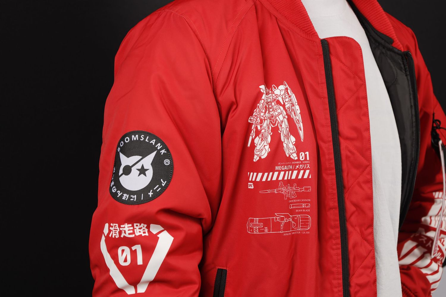 Red bomber jacket with white anime mecha designs and patches featuring a circular badge and number 01.