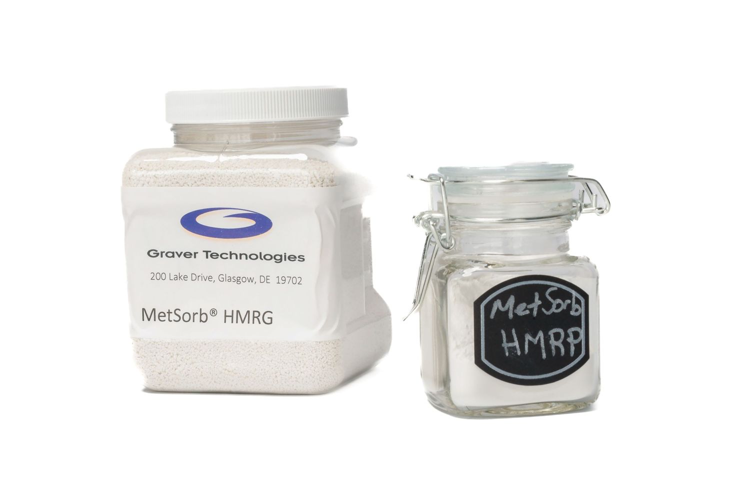 Two glass jars containing white powdery MetSorb HMRG chemical compound with branded labels.