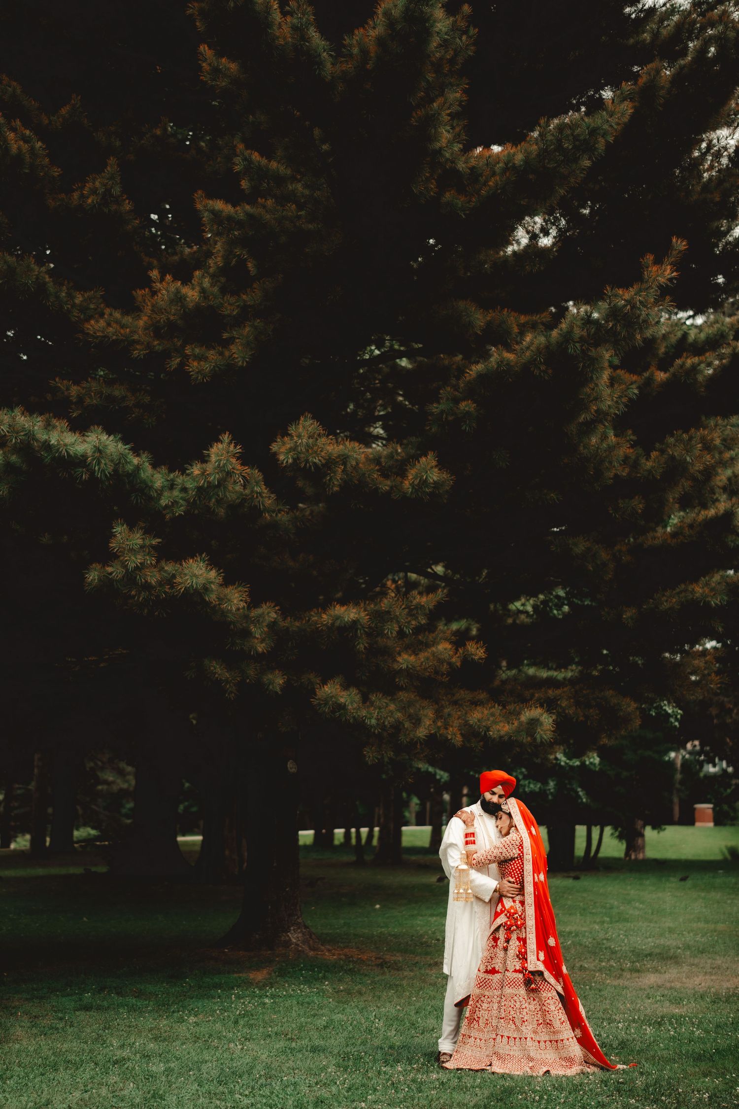 Couple in traditional Indian wedding attire standing beneath tall pine trees.
