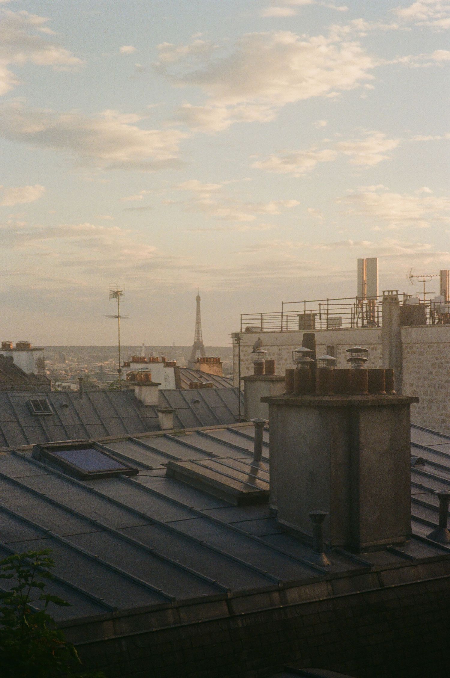 Rooftop view of Paris at sunset with Eiffel Tower in background, zinc roofs, chimneys, and cloudy sky.
