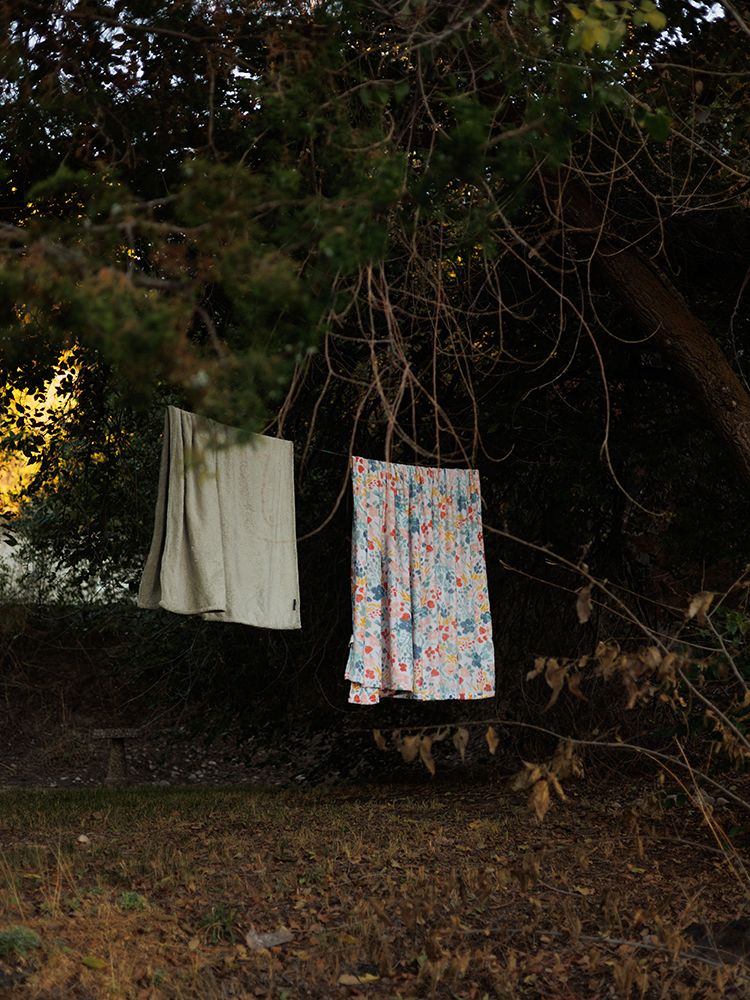 Two fabric pieces, a plain white and floral curtain, hanging on bare tree branches outdoors.