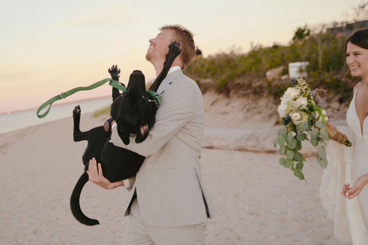 A couple walks on the beach at sunset with their black cat wearing a leash and a bouquet of white flowers.