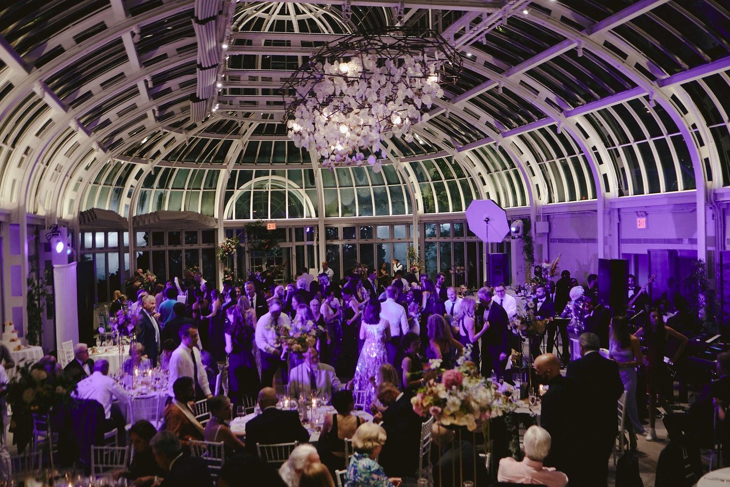 Wedding guests gather in an elegant glass-domed conservatory venue illuminated with purple lighting and crystal chandeliers.