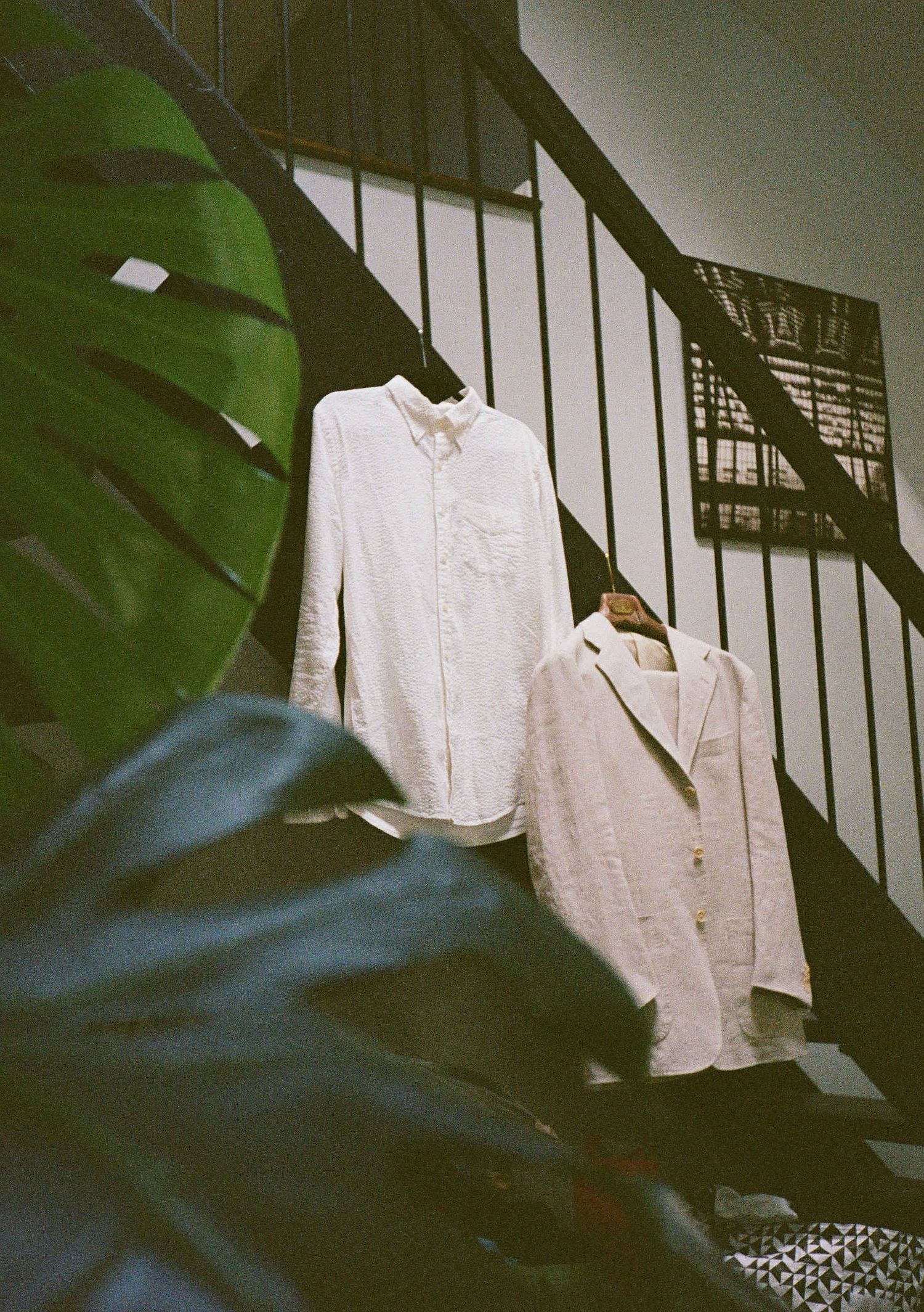 A vintage film photo shows white shirts and jackets hanging on a wall with monstera leaves in the foreground.