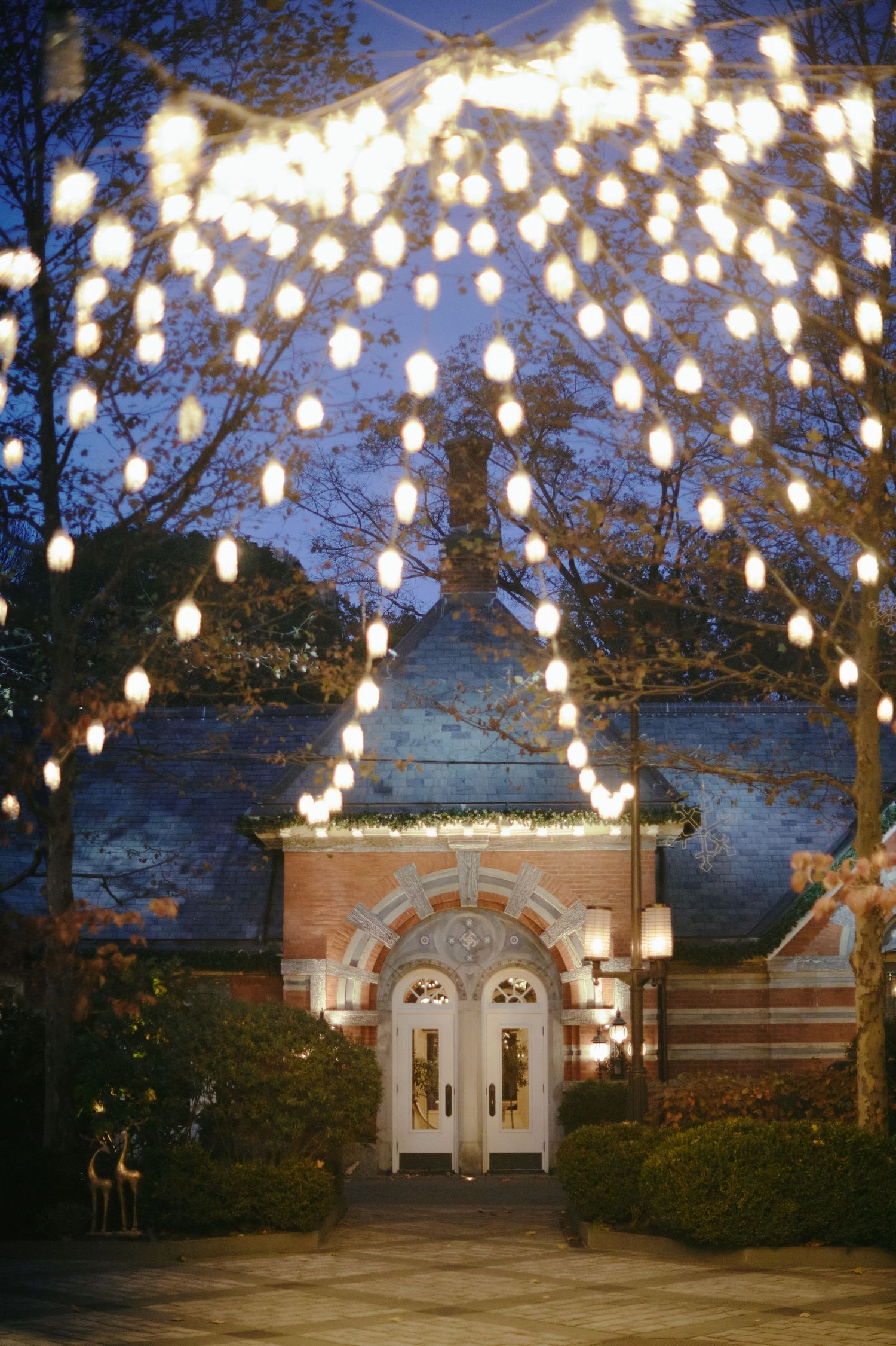Hanging string lights create a magical canopy over an elegant white double doorway entrance at dusk.