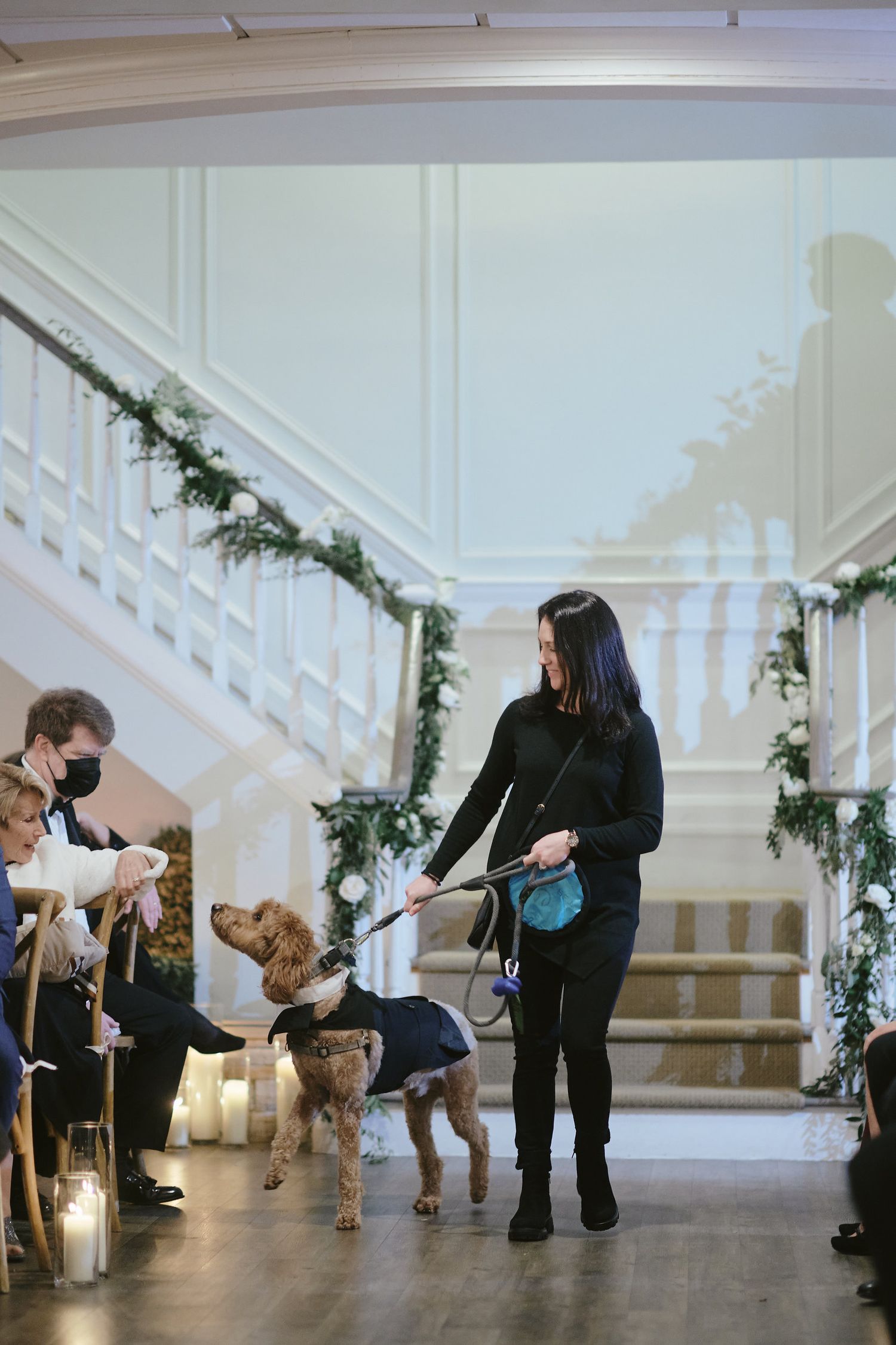 A decorated staircase with greenery garlands while dogs interact with people in an elegant indoor setting.