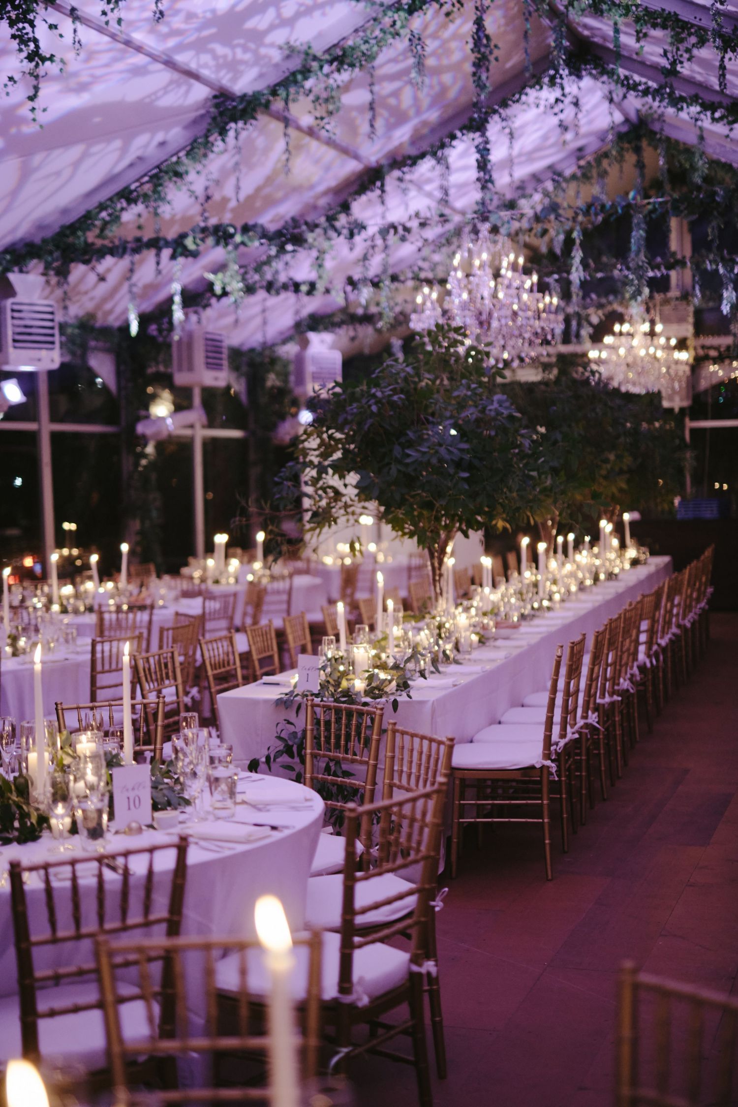 Elegant wedding reception setup with candlelit tables under a clear tent decorated with hanging greenery and chandeliers.