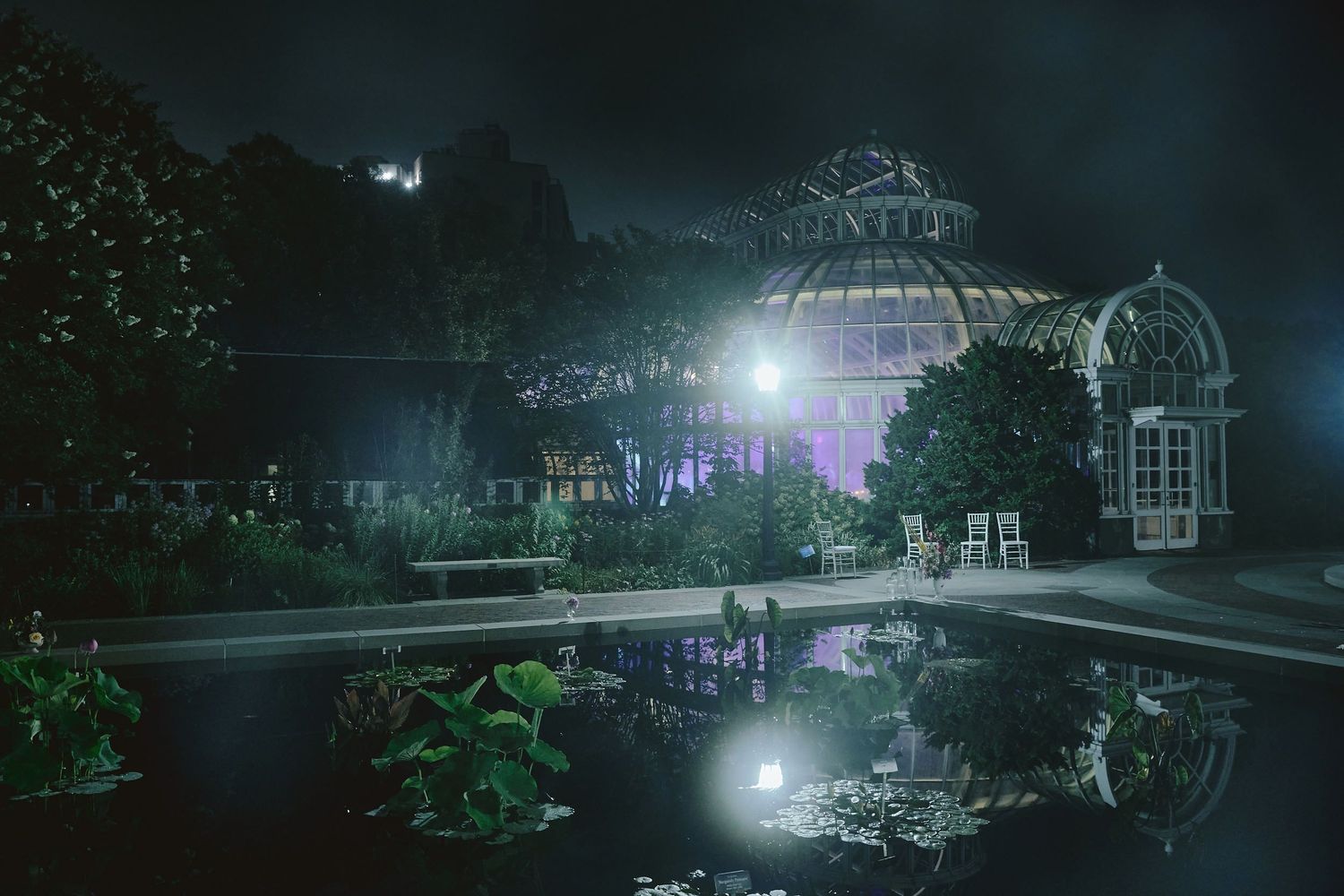 A mystical glass botanical garden dome illuminated at night with fog and reflections in a still pond.