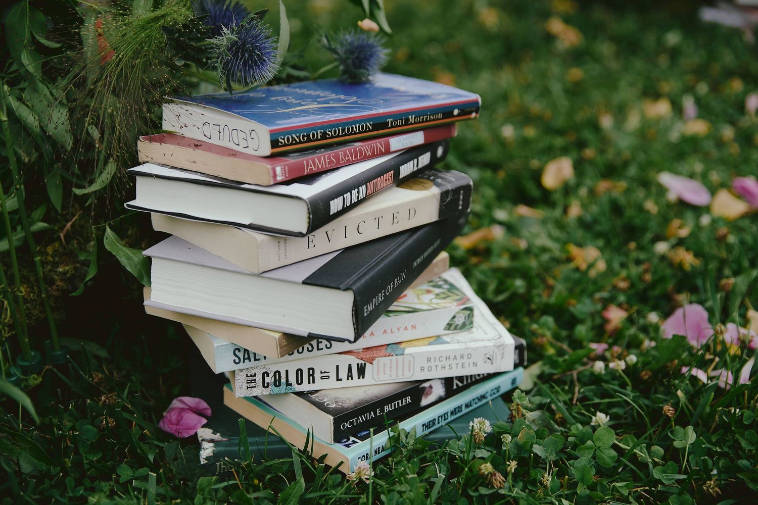 Stack of books lying on grass with fallen leaves in an outdoor setting.