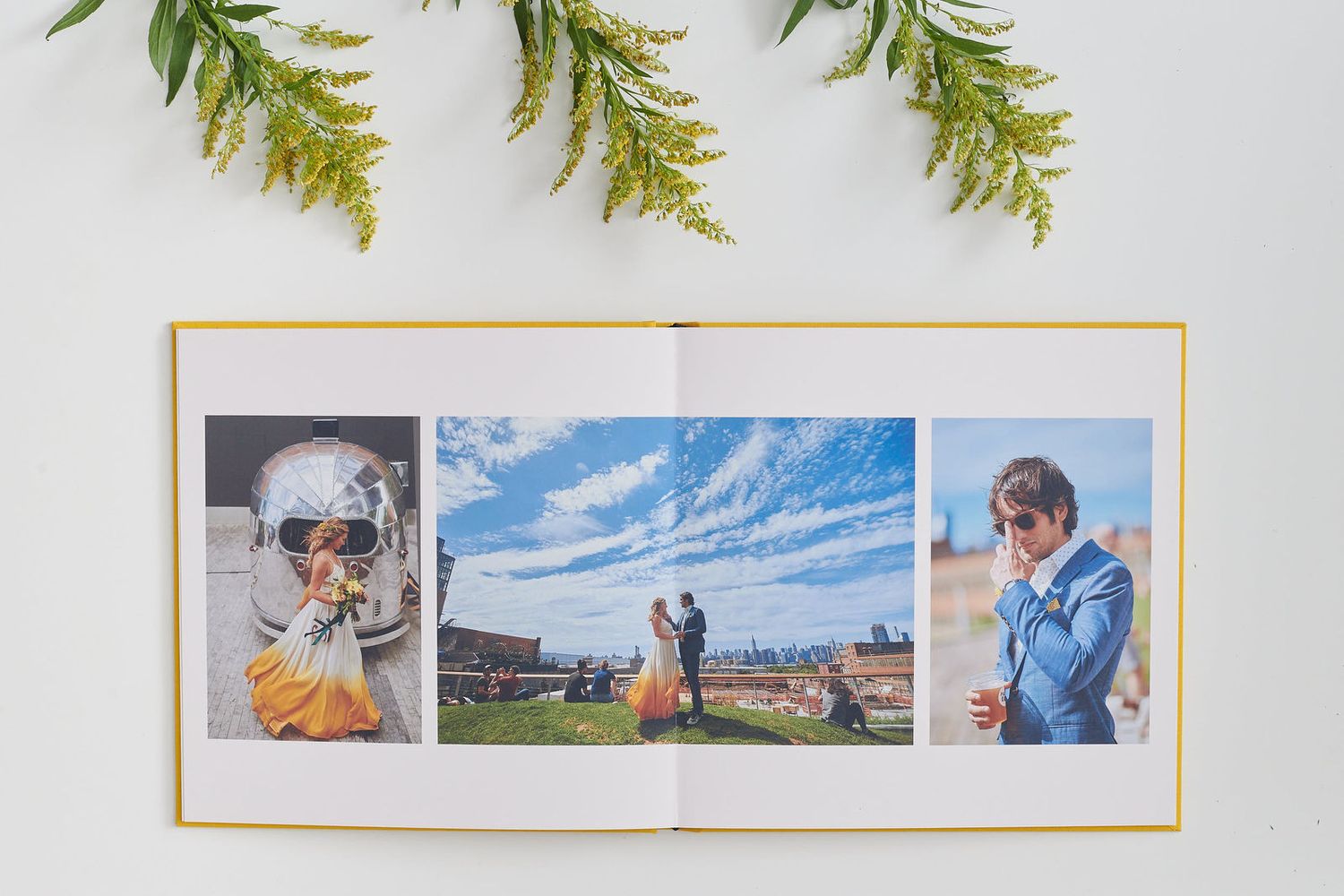 Three photos in a gold frame show scenic outdoor engagement photography session against blue skies and mountain views.