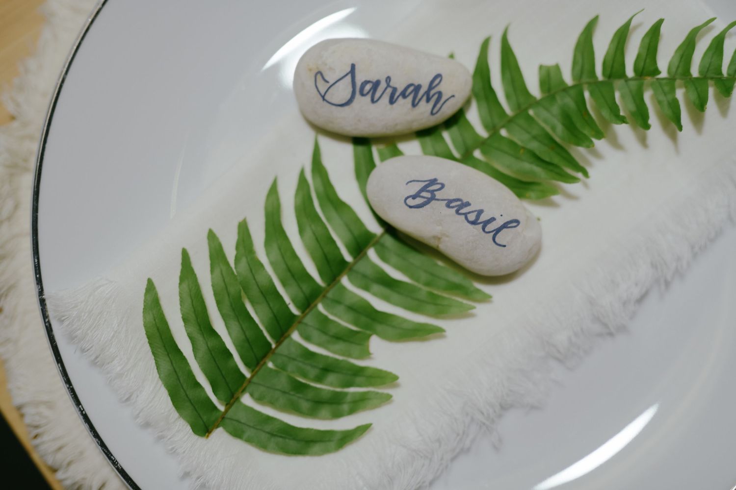 Place settings on a white plate feature smooth stones with handwritten names alongside delicate green fern fronds.