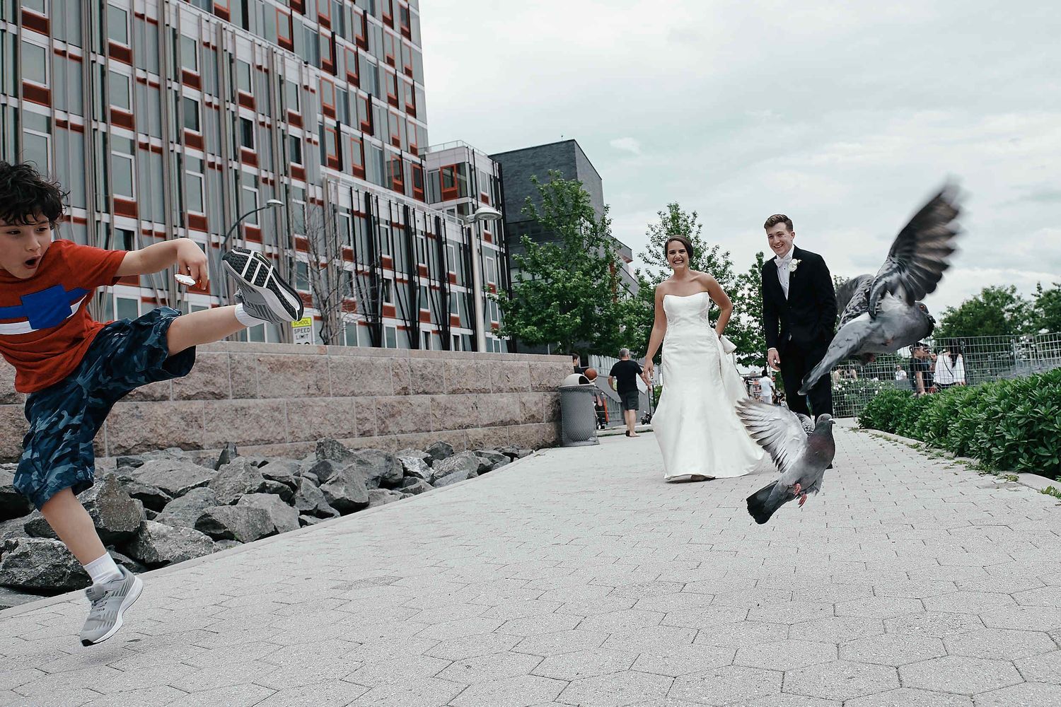 A playful wedding photograph on a brick path shows a jumping pose with a pigeon flying past.