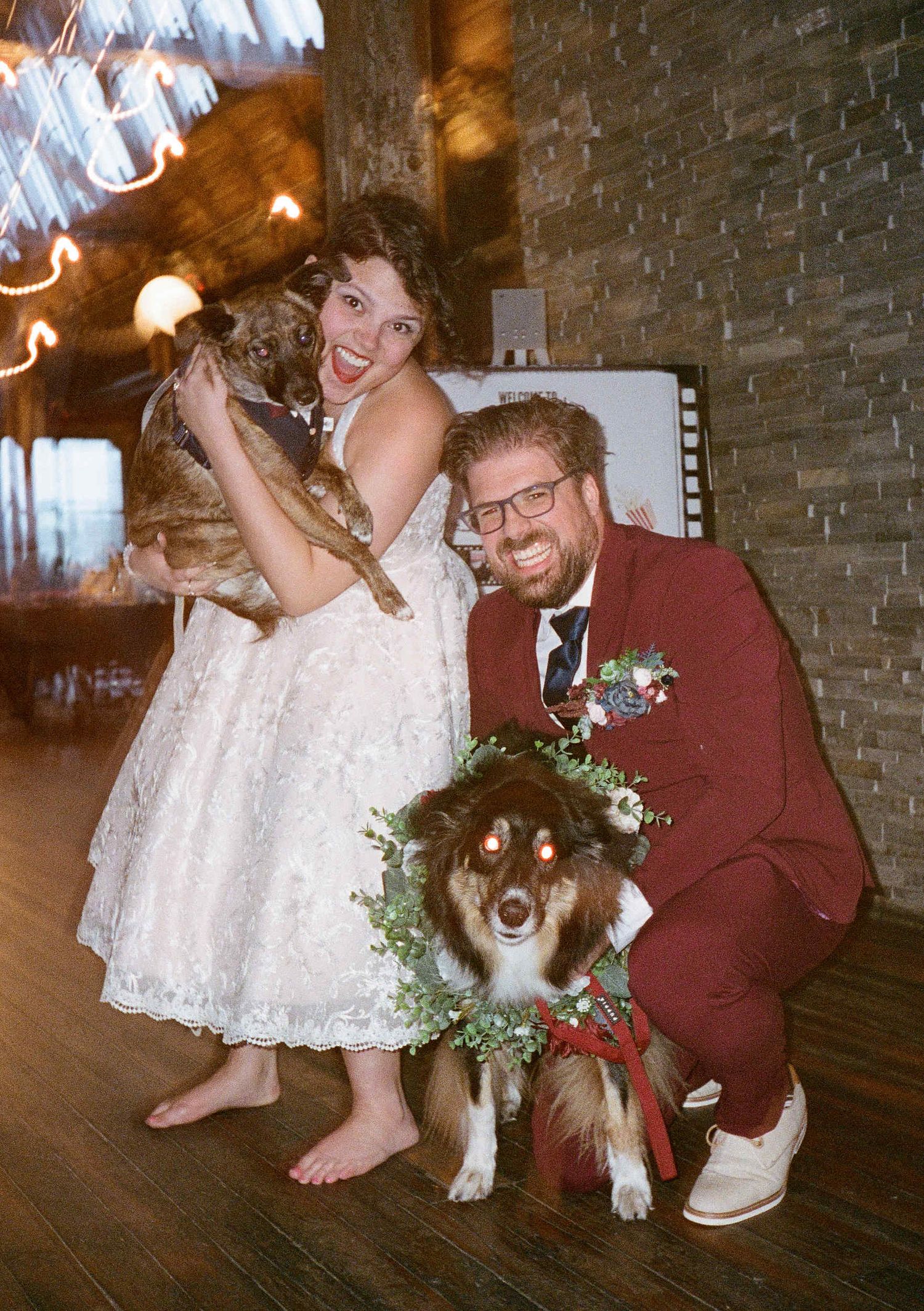 Newlyweds in wedding attire pose with their dogs adorned with floral wreaths in a rustic indoor venue.