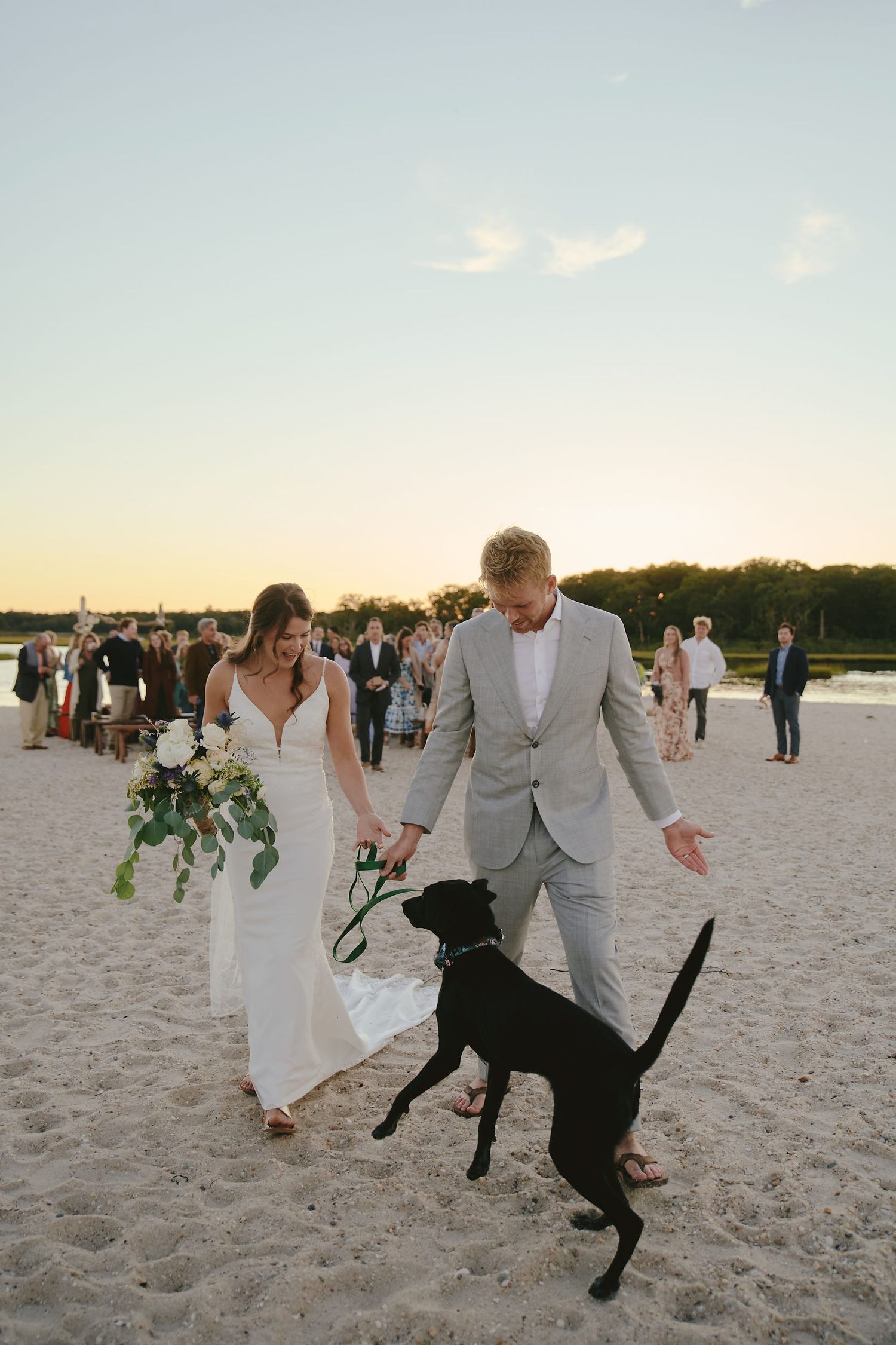 A couple celebrates their beach wedding with their excited black dog jumping alongside them on the sandy shore at sunset.