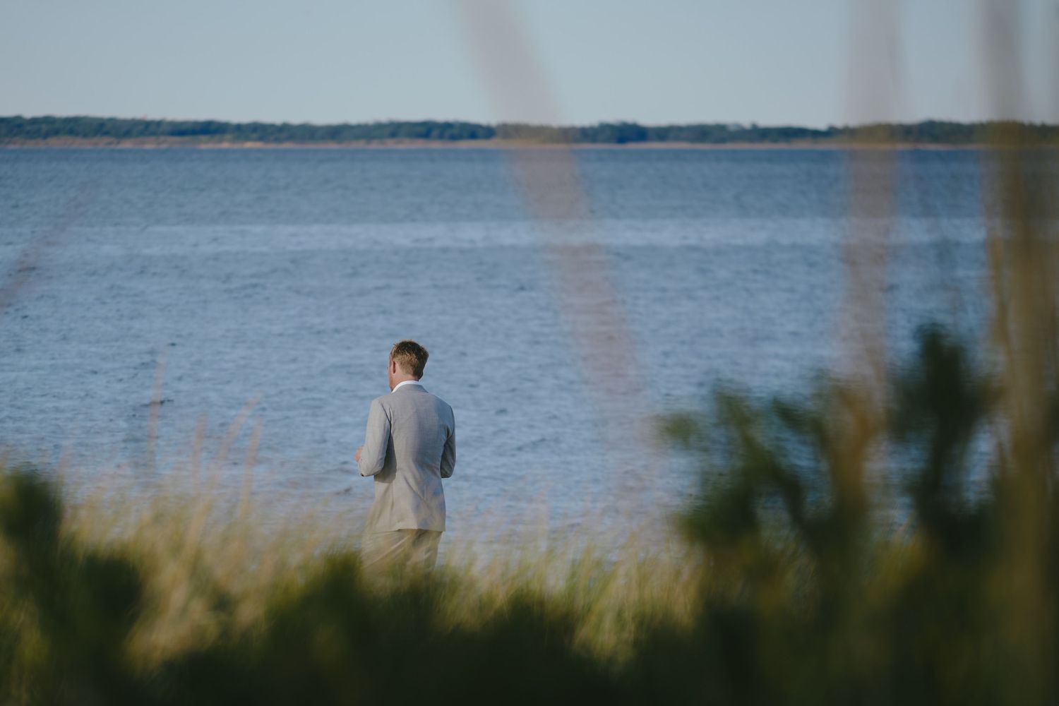 Someone stands by the calm waterfront at dusk, viewed through coastal grass and brush in the foreground.