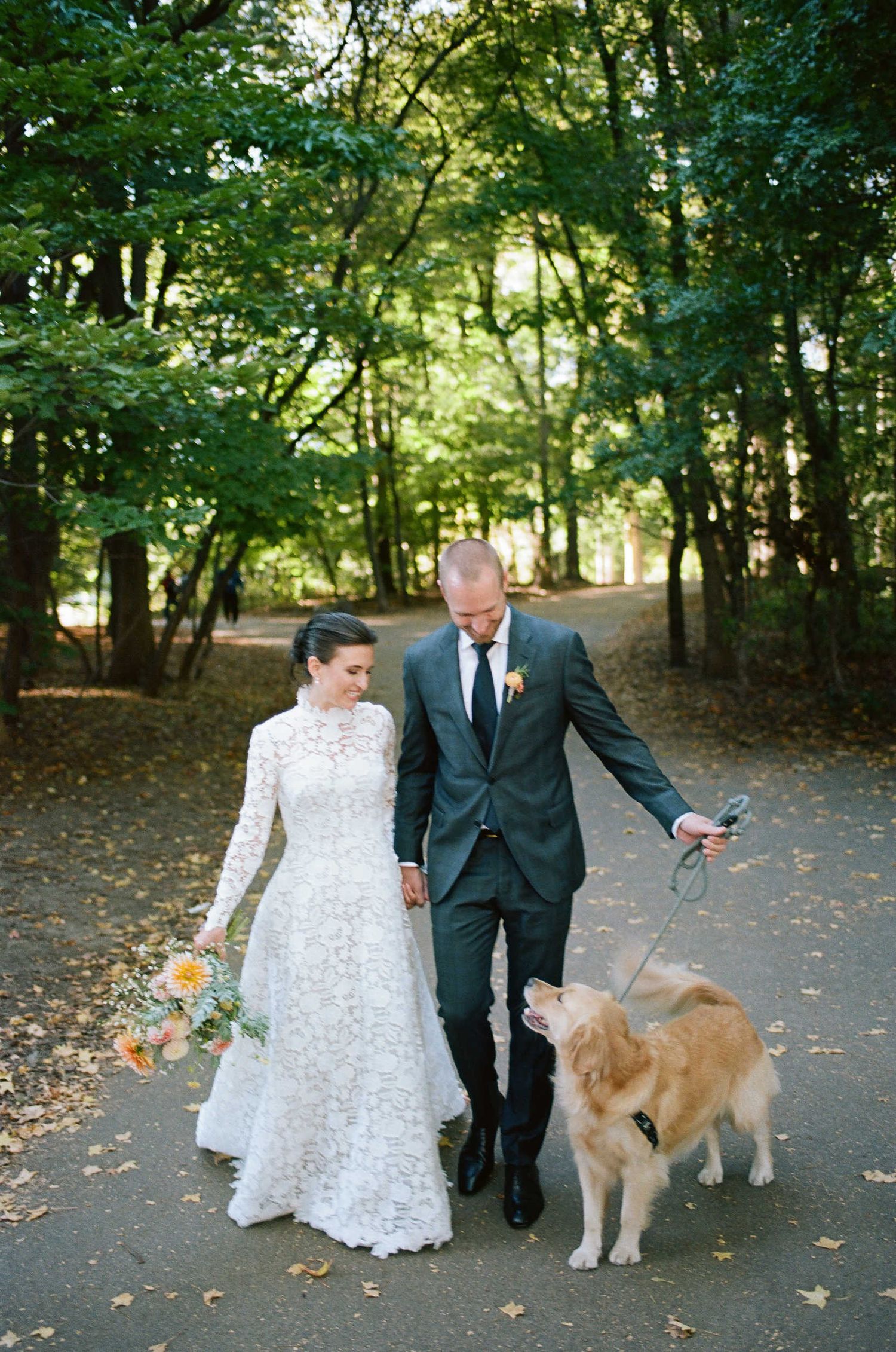 A couple in wedding attire walks along a tree-lined path with their golden retriever dog on a leash.
