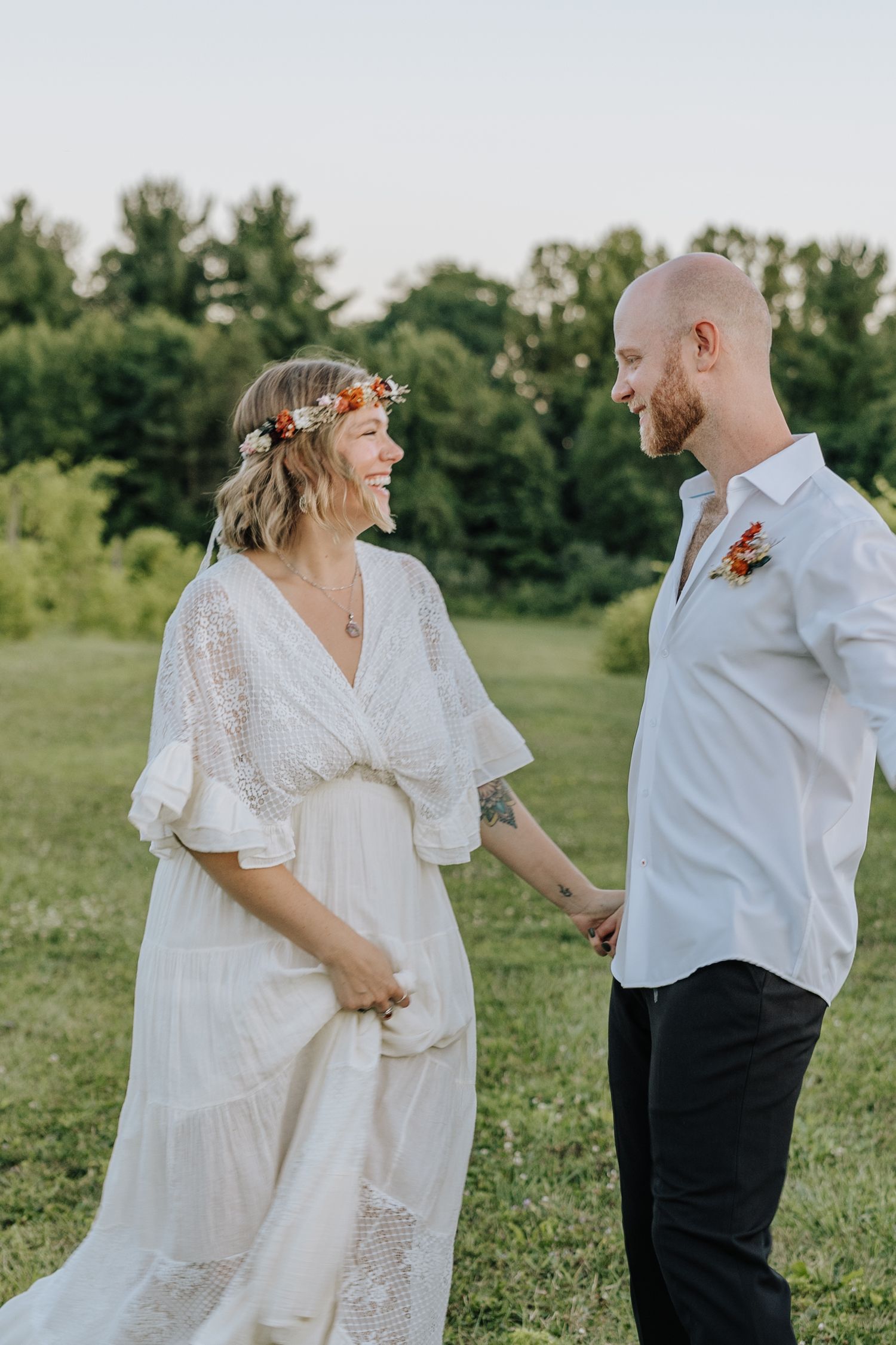 A series of candid wedding photos showing a couple laughing and embracing in a sunny outdoor field.