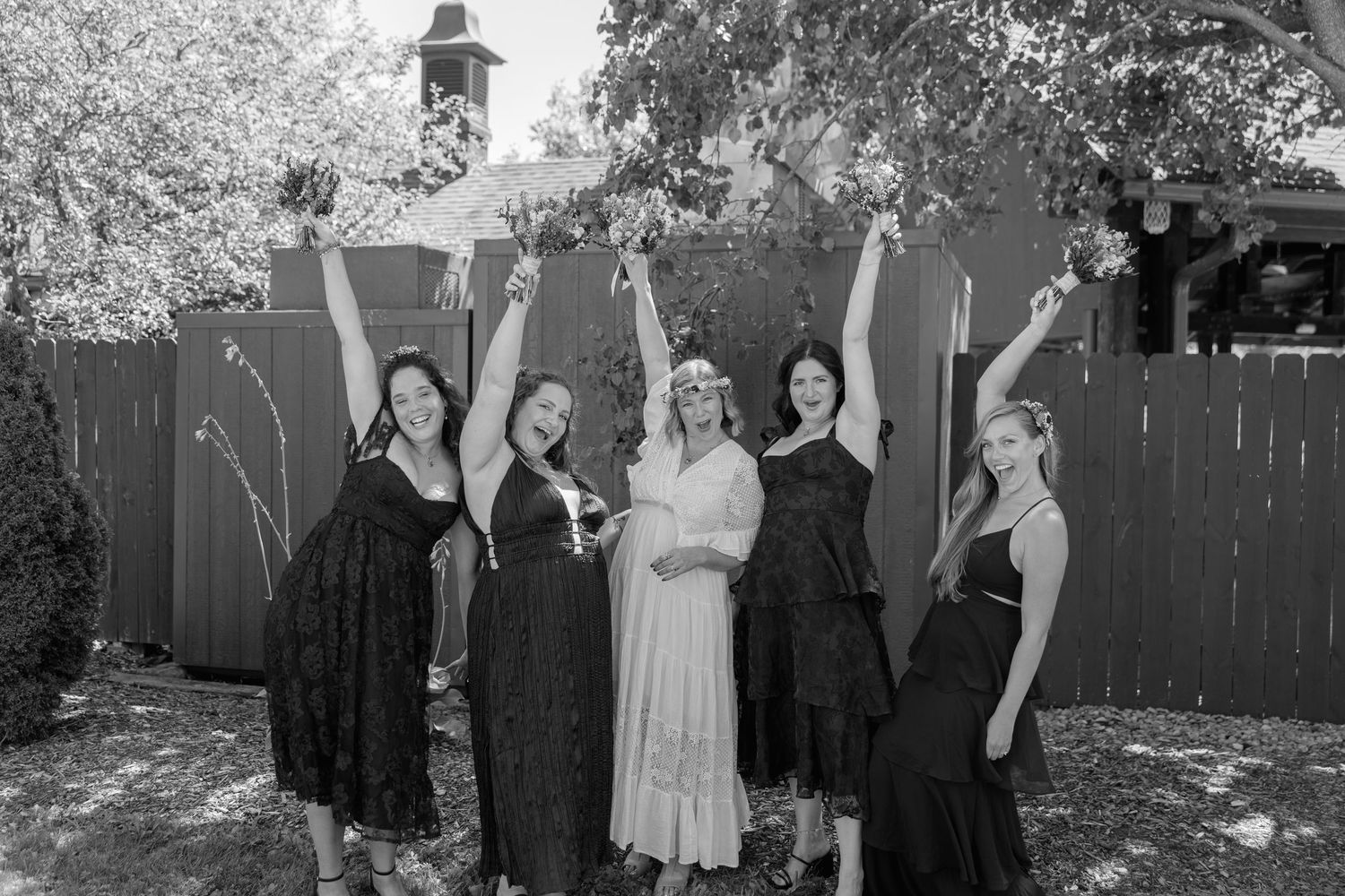 A series of vintage black and white wedding photographs showing a couple and wedding party in formal attire.