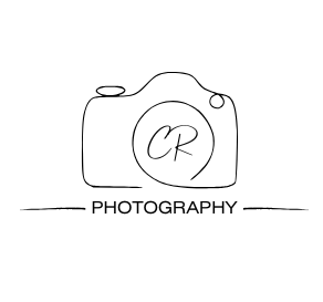 Simple black line art of camera and photography text logo design.