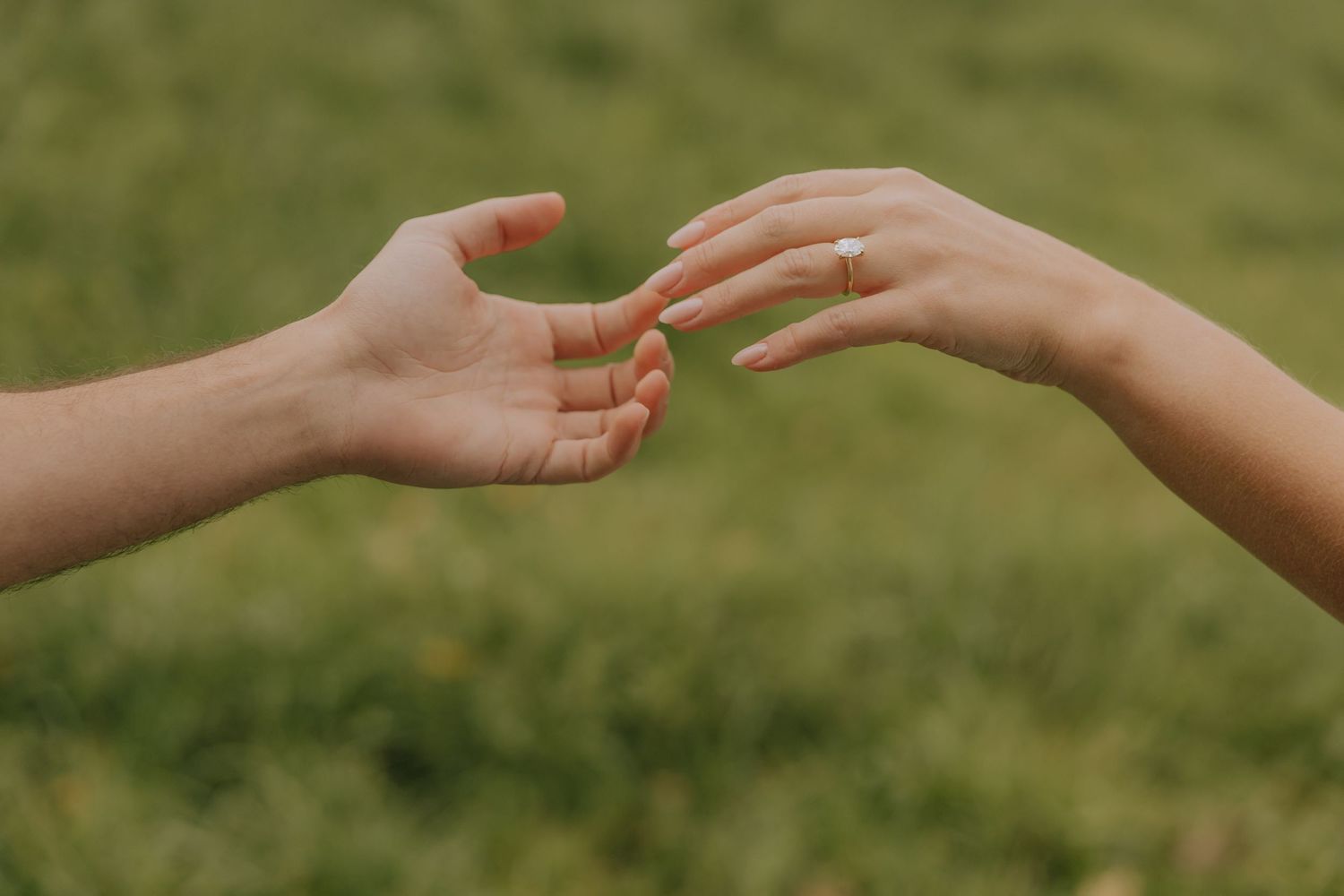 Two hands reaching toward each other against a blurred green natural background in a connecting gesture.