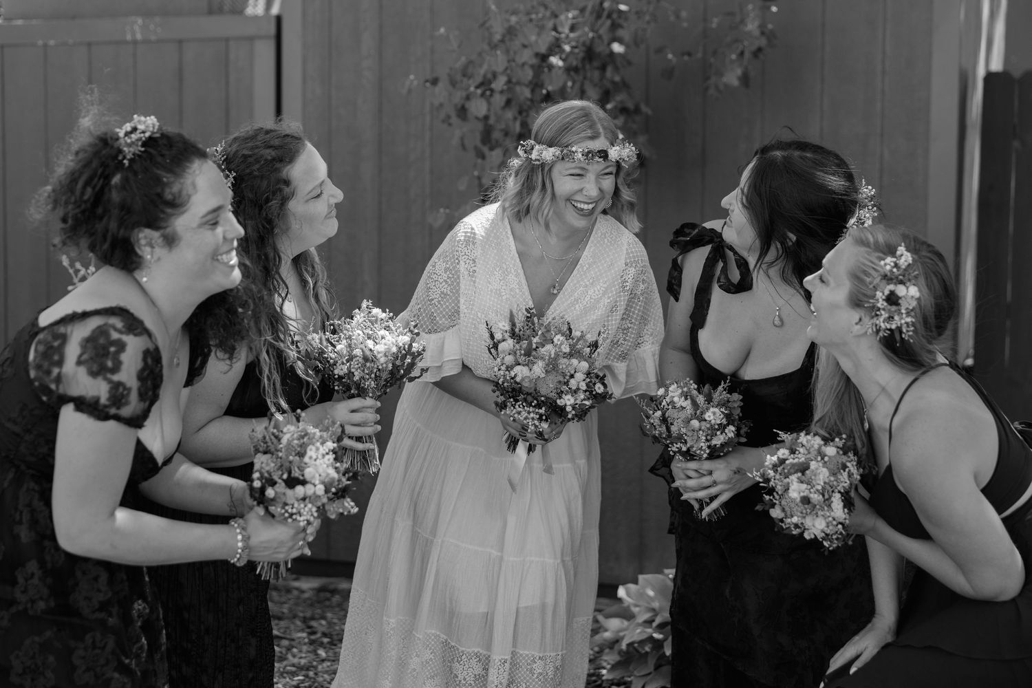A black and white photo collage shows a wedding celebration with bouquets and formal attire.