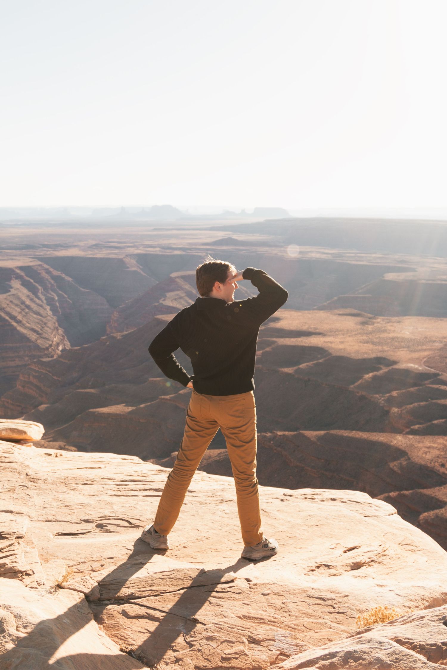 Person standing on cliff edge looking out over vast desert canyon vista.